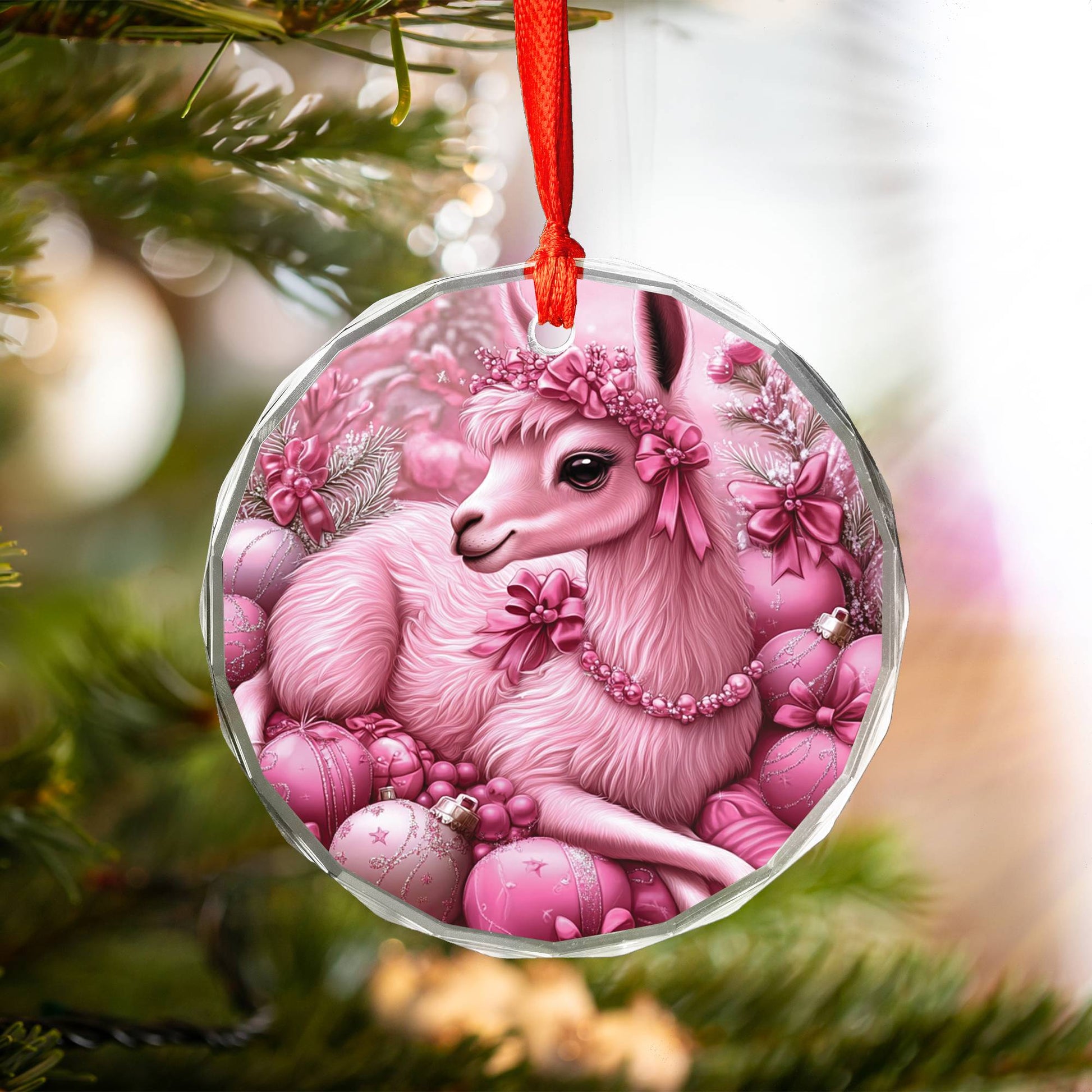 Llama Pink Christmas Design 4 Glass Ornament