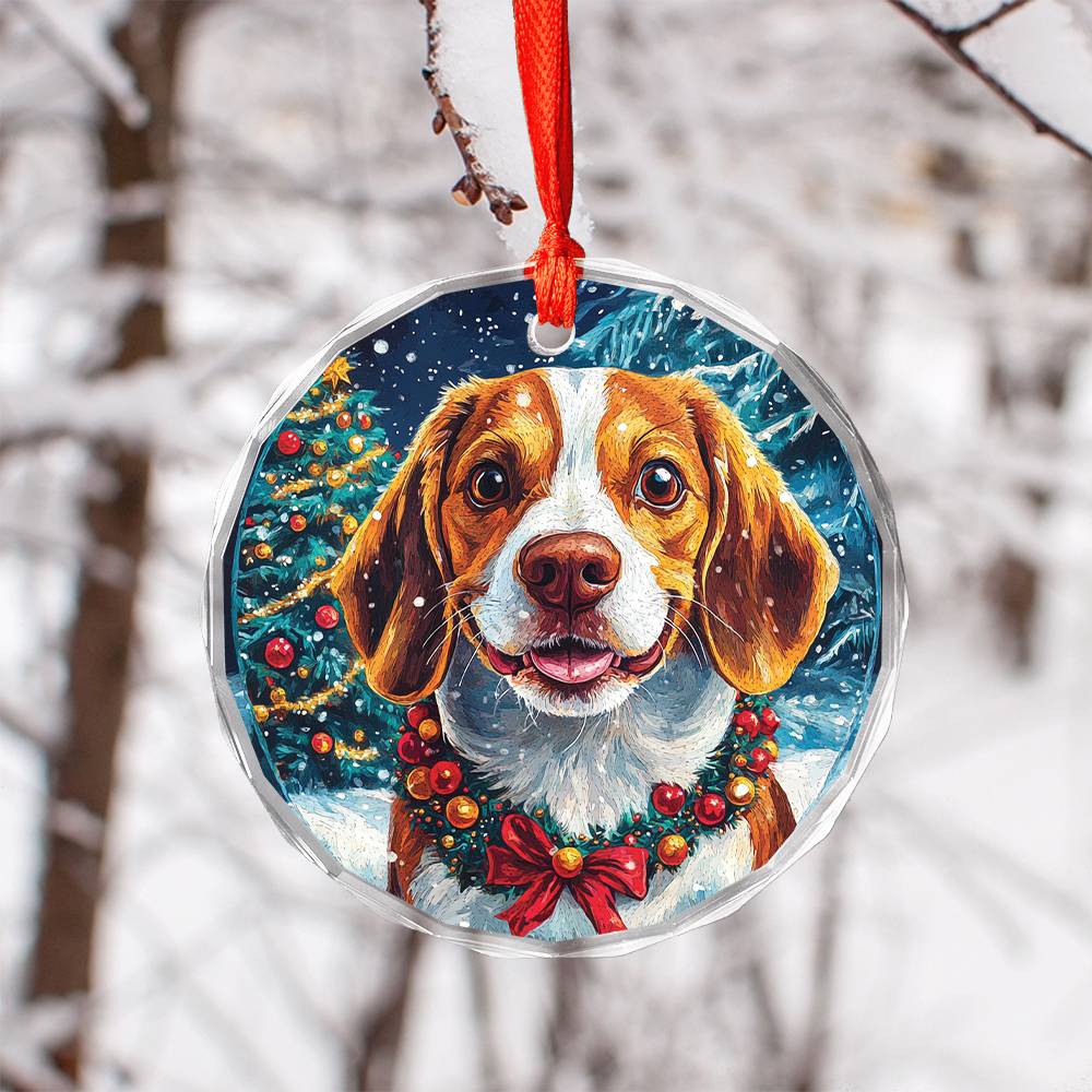 Beautiful Angus Beagle Dog Christmas Night Design 3 Glass Ornament