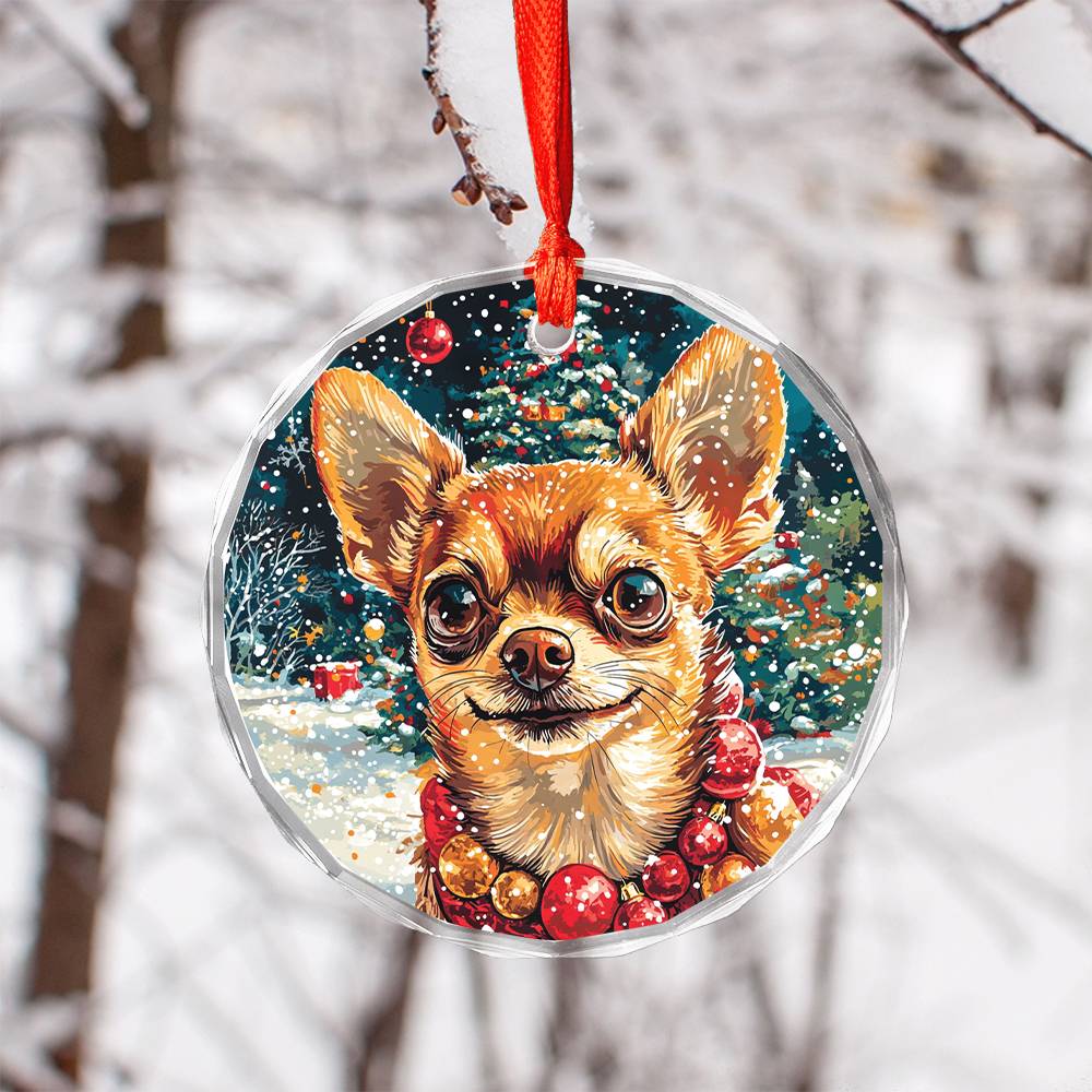 Beautiful Chihuahua Dog Christmas Night Design 3 Glass Ornament