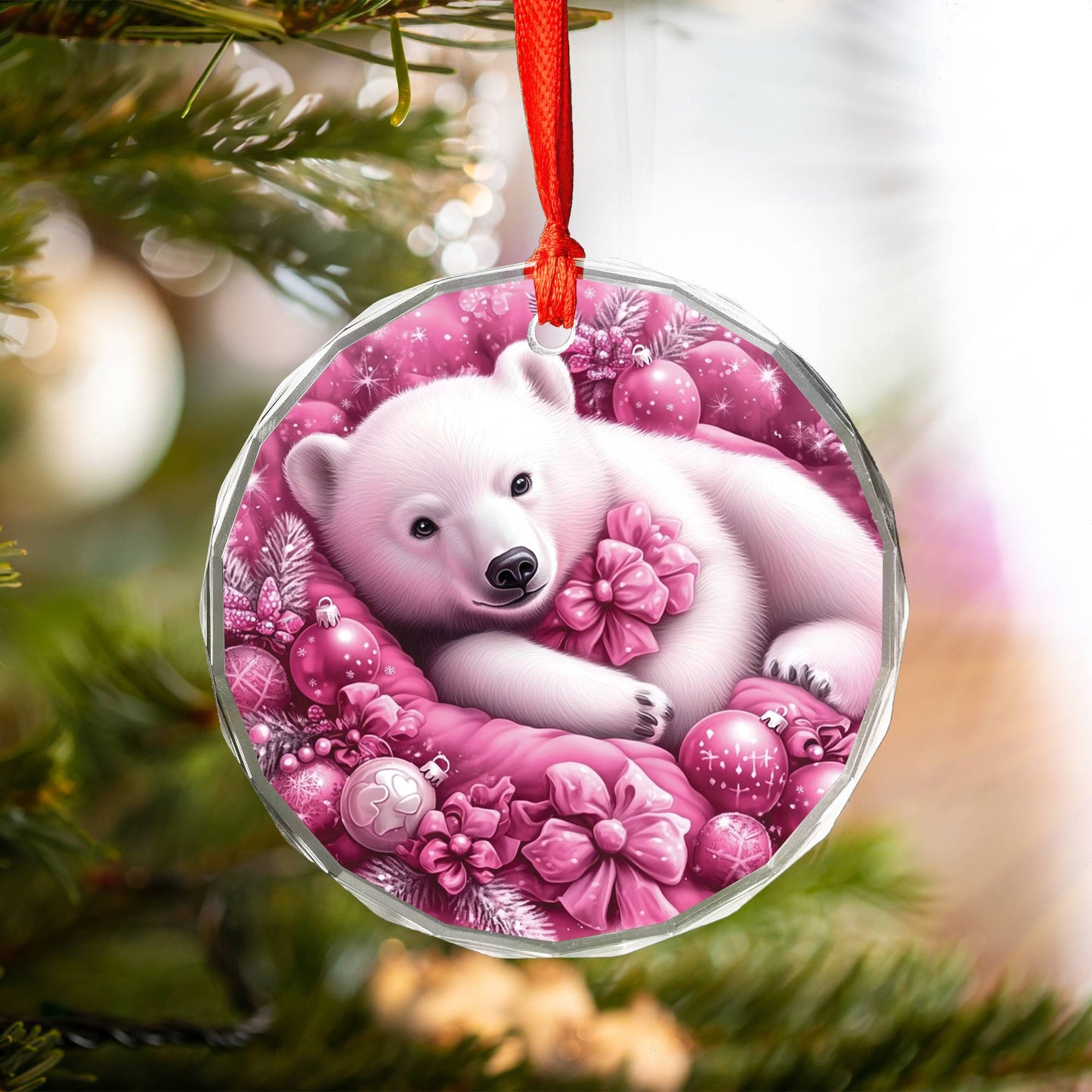 Pola Bear Pink Christmas Design 3 Glass Ornament