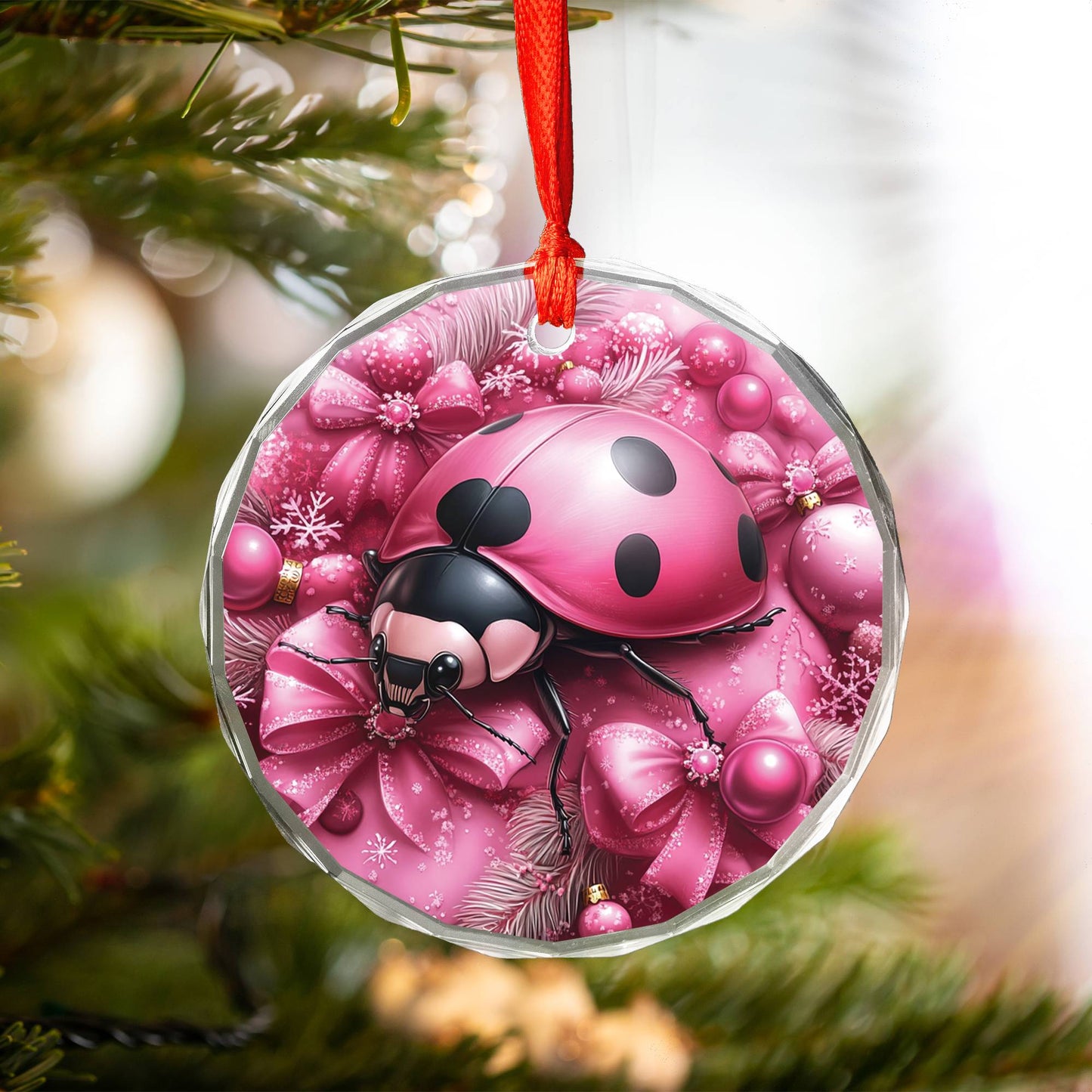 Ladybug Pink Christmas Design 3 Glass Ornament