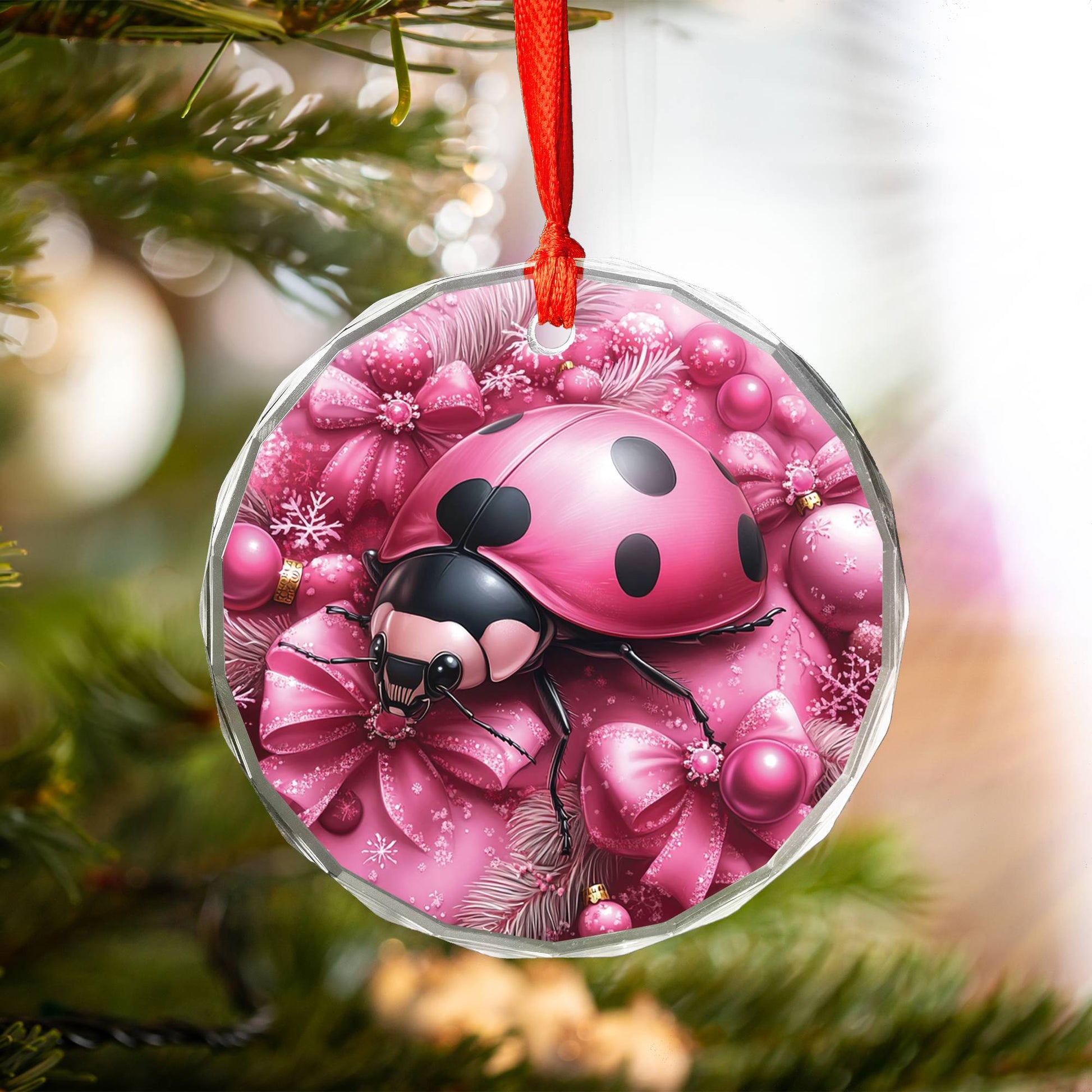 Ladybug Pink Christmas Design 3 Glass Ornament
