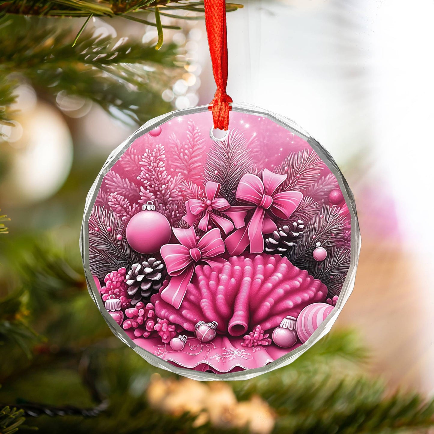 Coral Pink Christmas Design 1 Glass Ornament