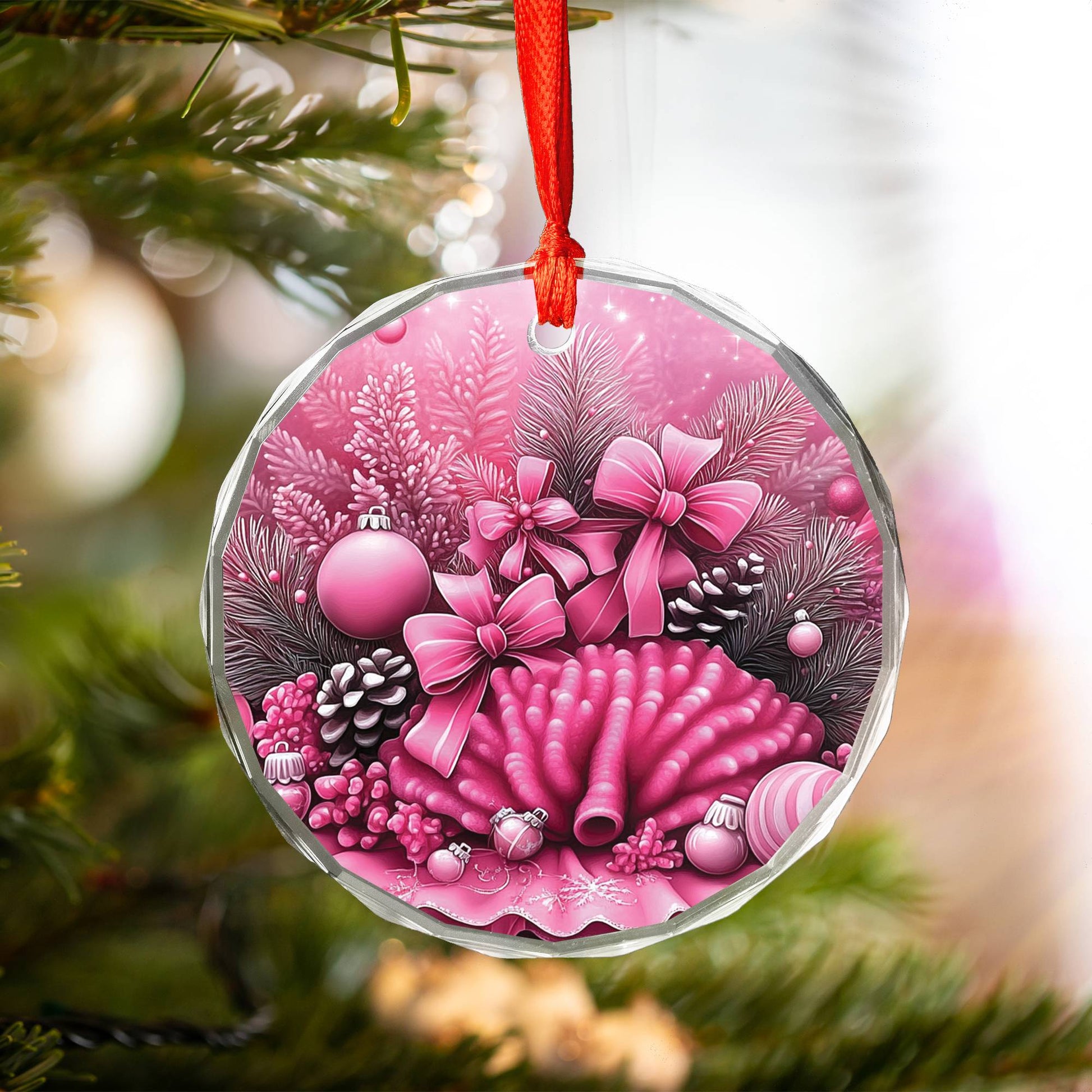 Coral Pink Christmas Design 1 Glass Ornament
