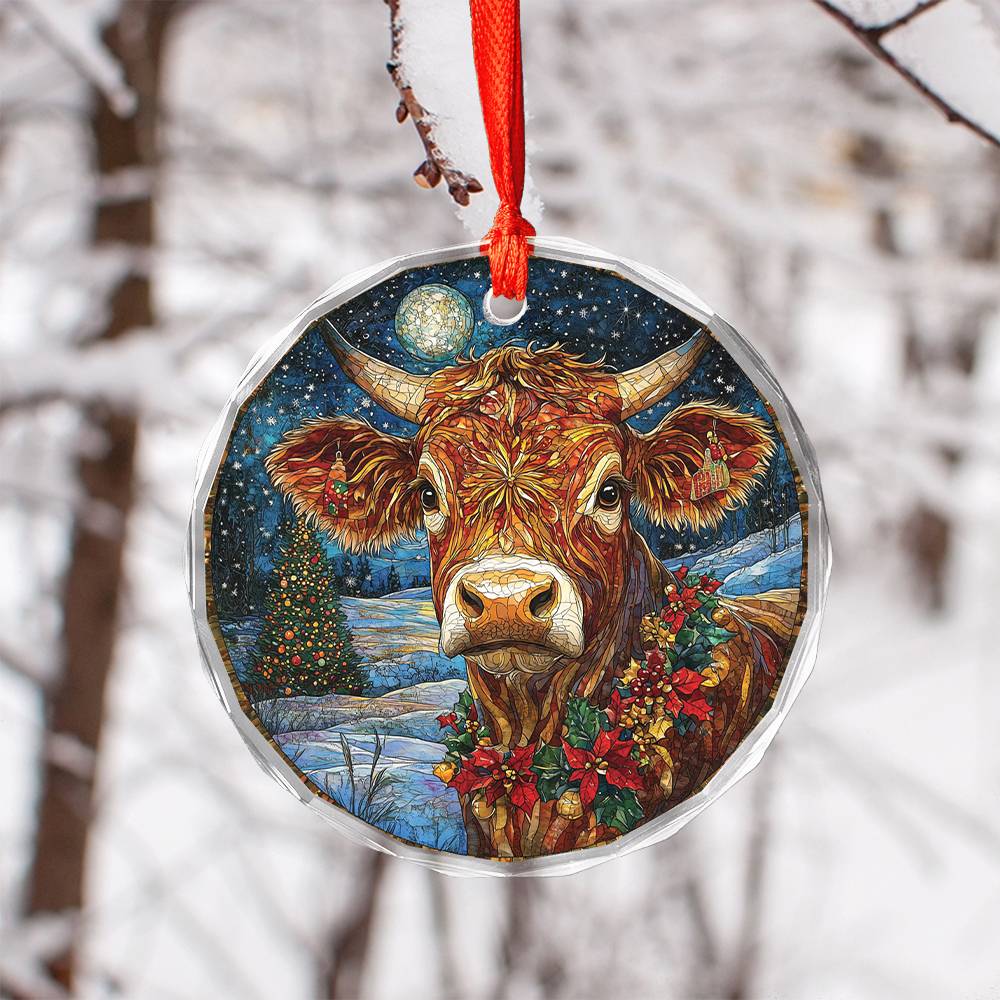 Beautiful Angus Cow Christmas Night Design 3 Glass Ornament
