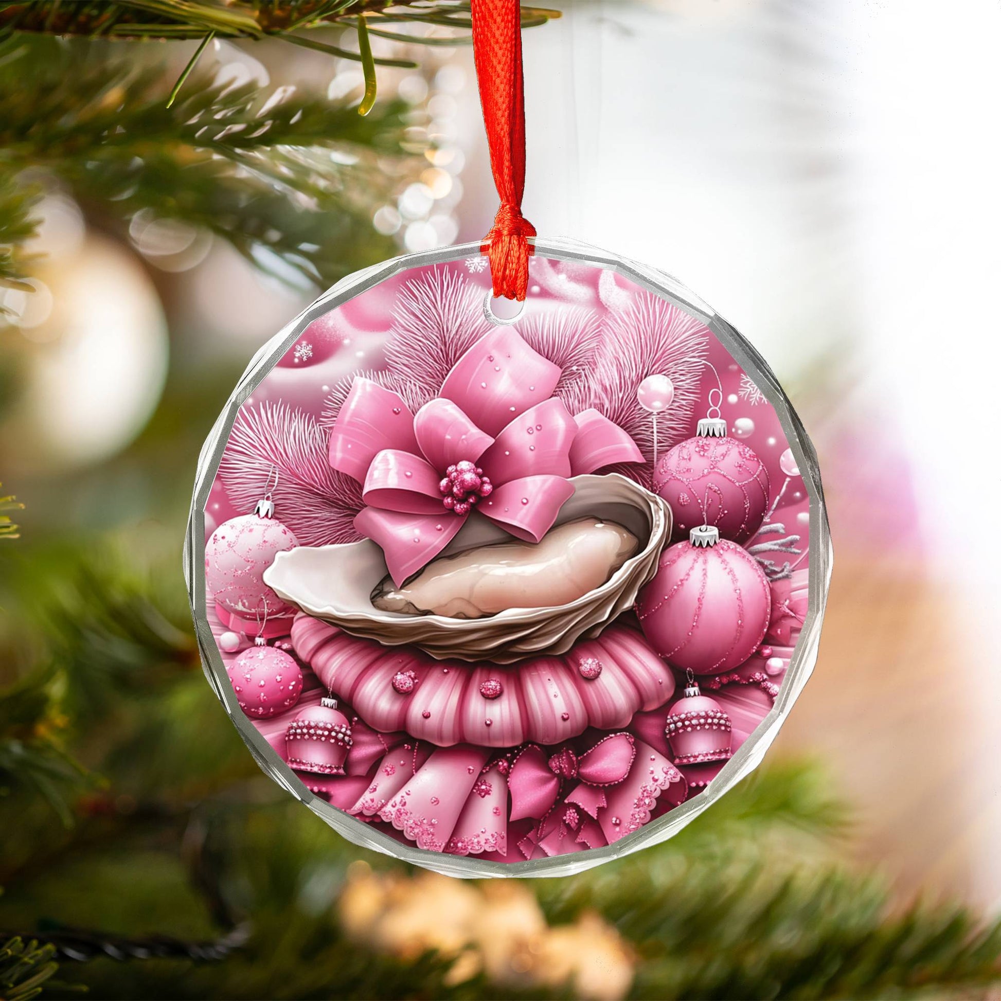 Oysters Pink Christmas Design 2 Glass Ornament