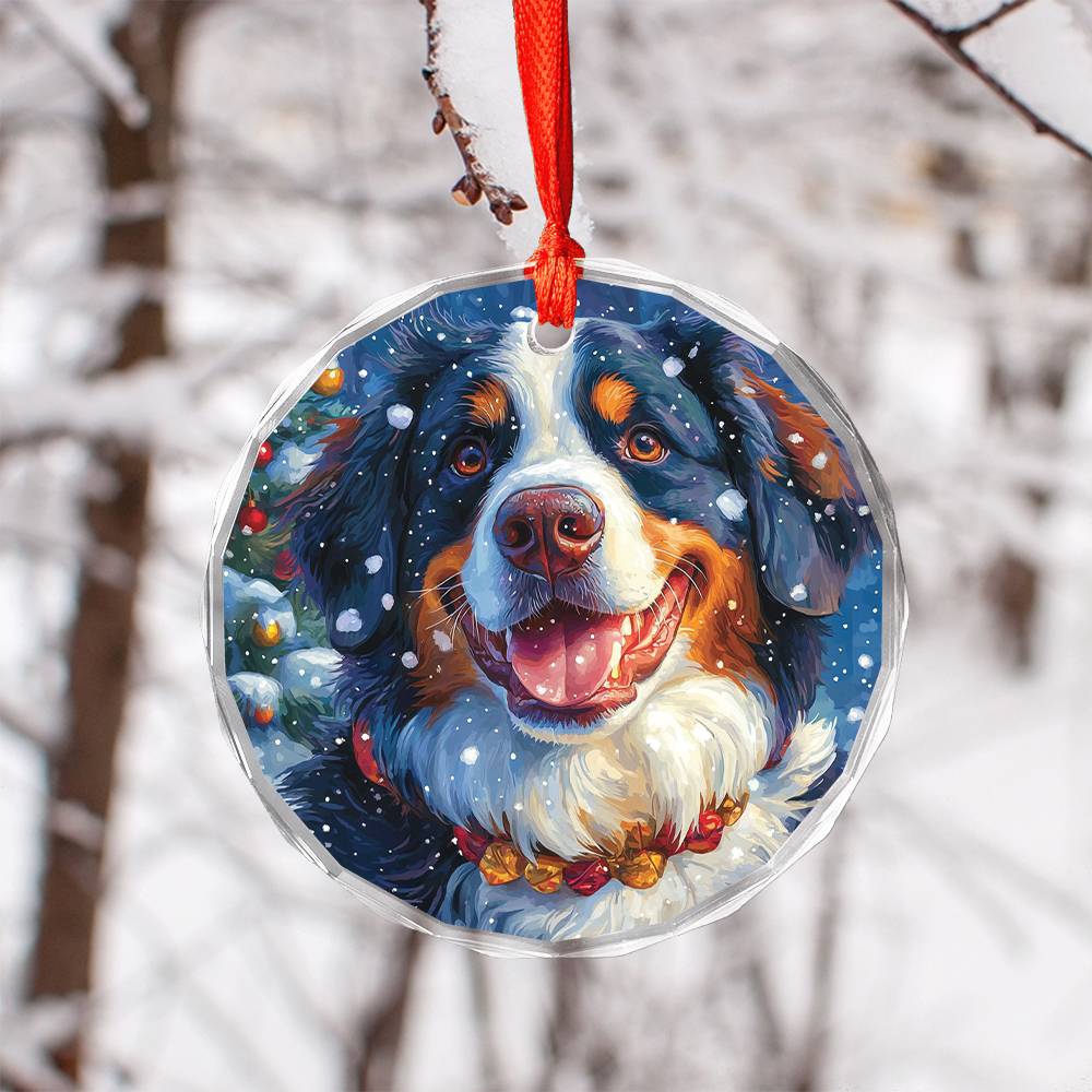 Beautiful Angus Bernese Mountain Dog Christmas Night Design 2 Glass Ornament