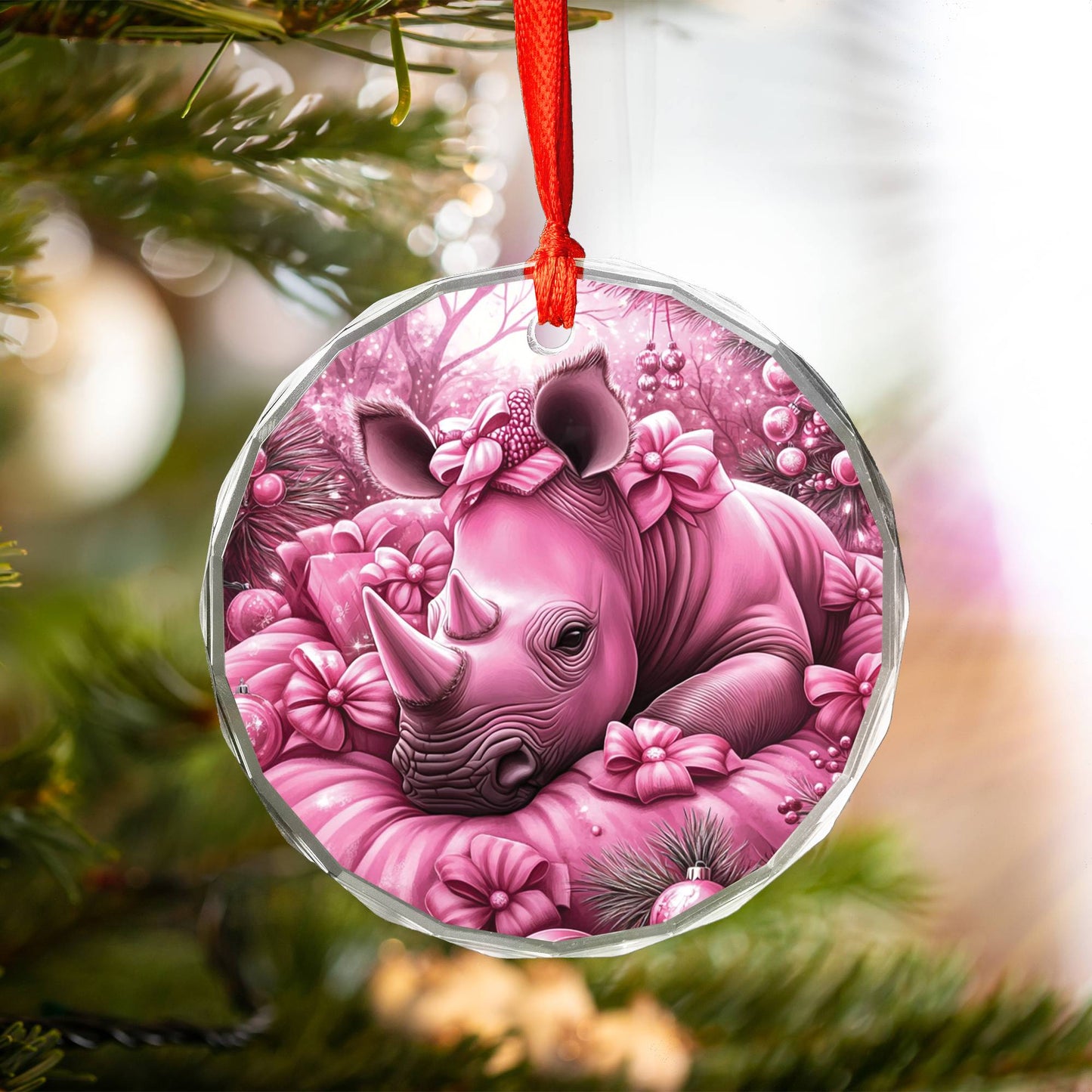 Rhino Pink Christmas Design 1 Glass Ornament