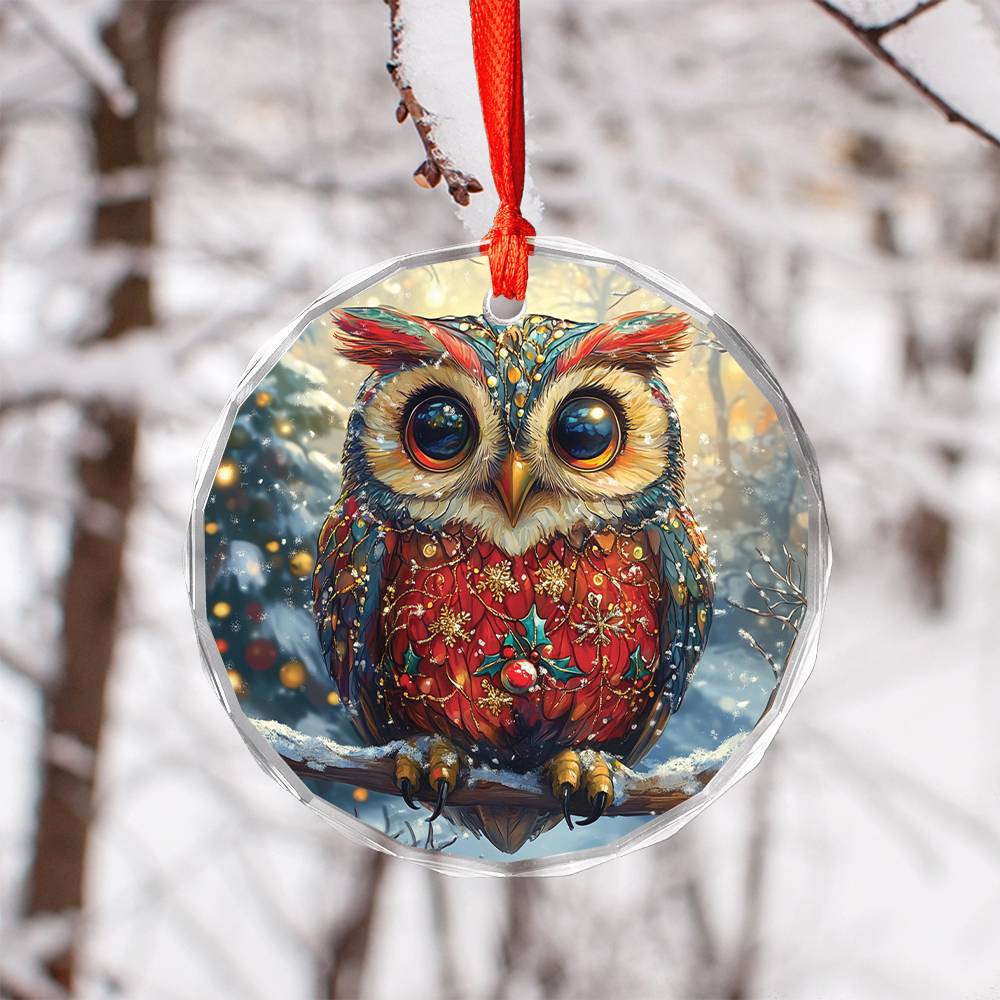 Beautiful Owl Christmas Night Design 1 Glass Ornament
