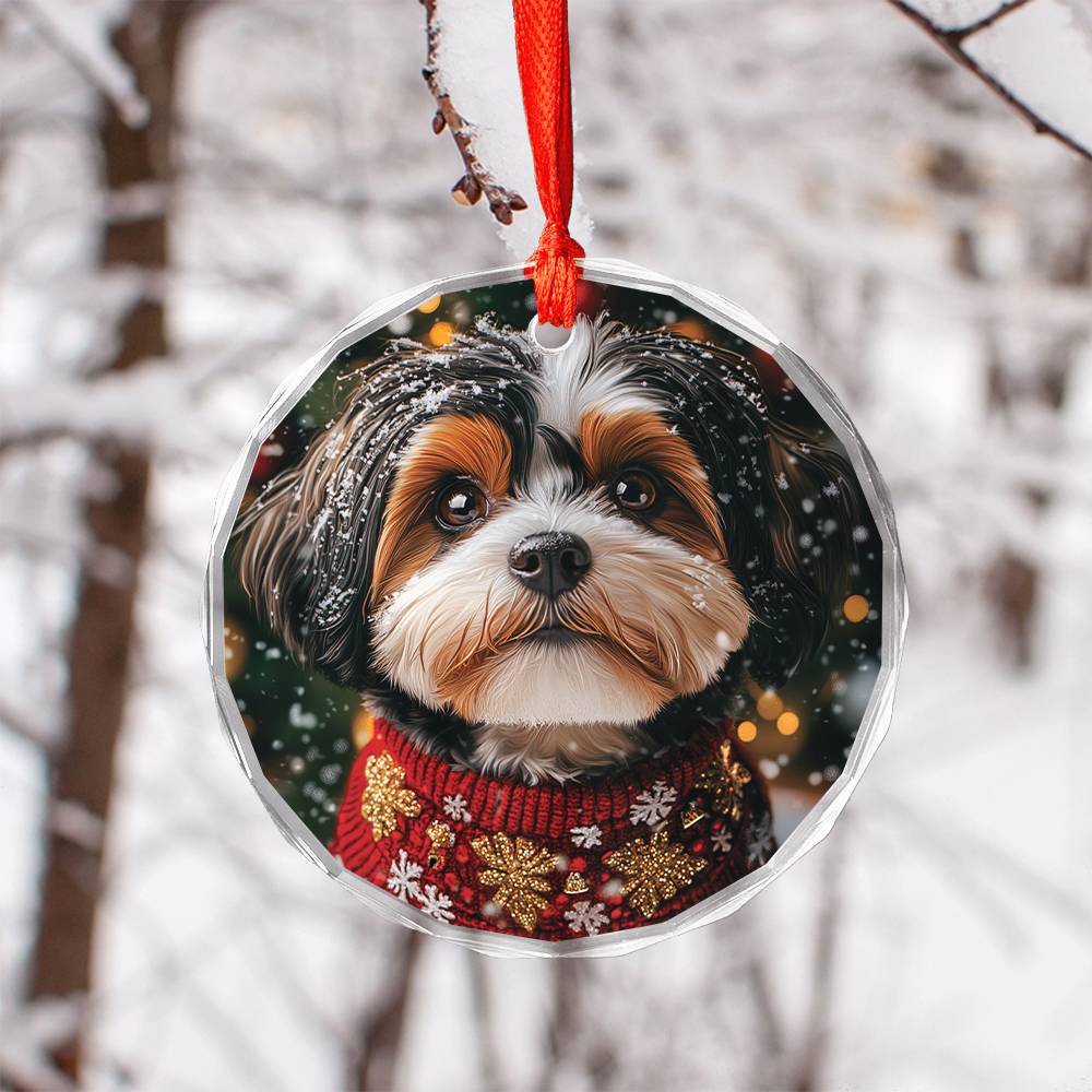 Beautiful Havanese Dog Christmas Night Design 1 Glass Ornament