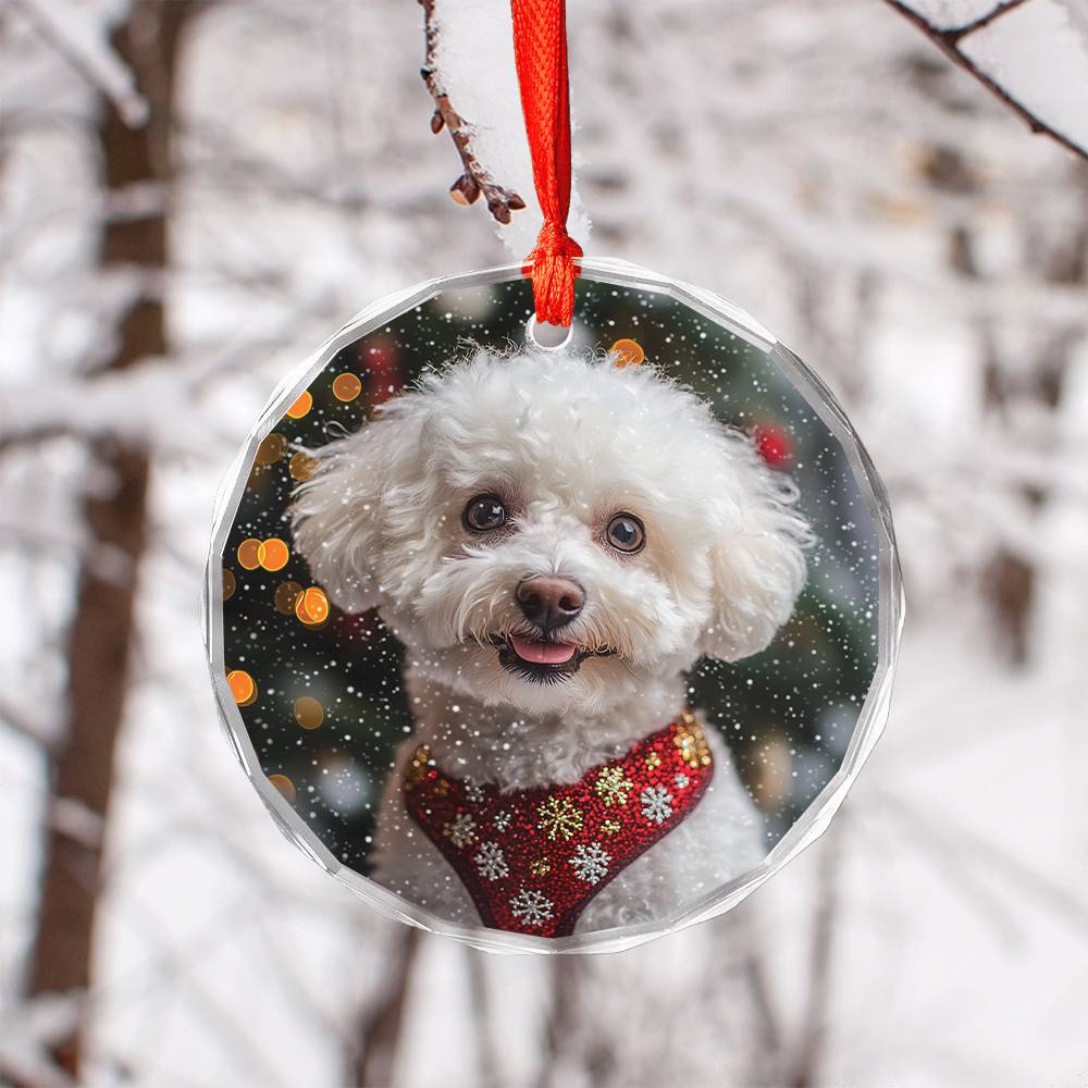 Beautiful Bichon Frise Dog Christmas Night Design 3 Glass Ornament