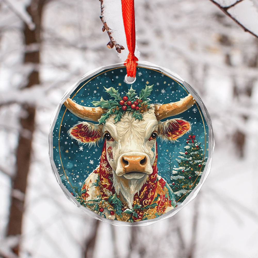 Beautiful Longhorn Cow Christmas Night Design 4 Glass Ornament