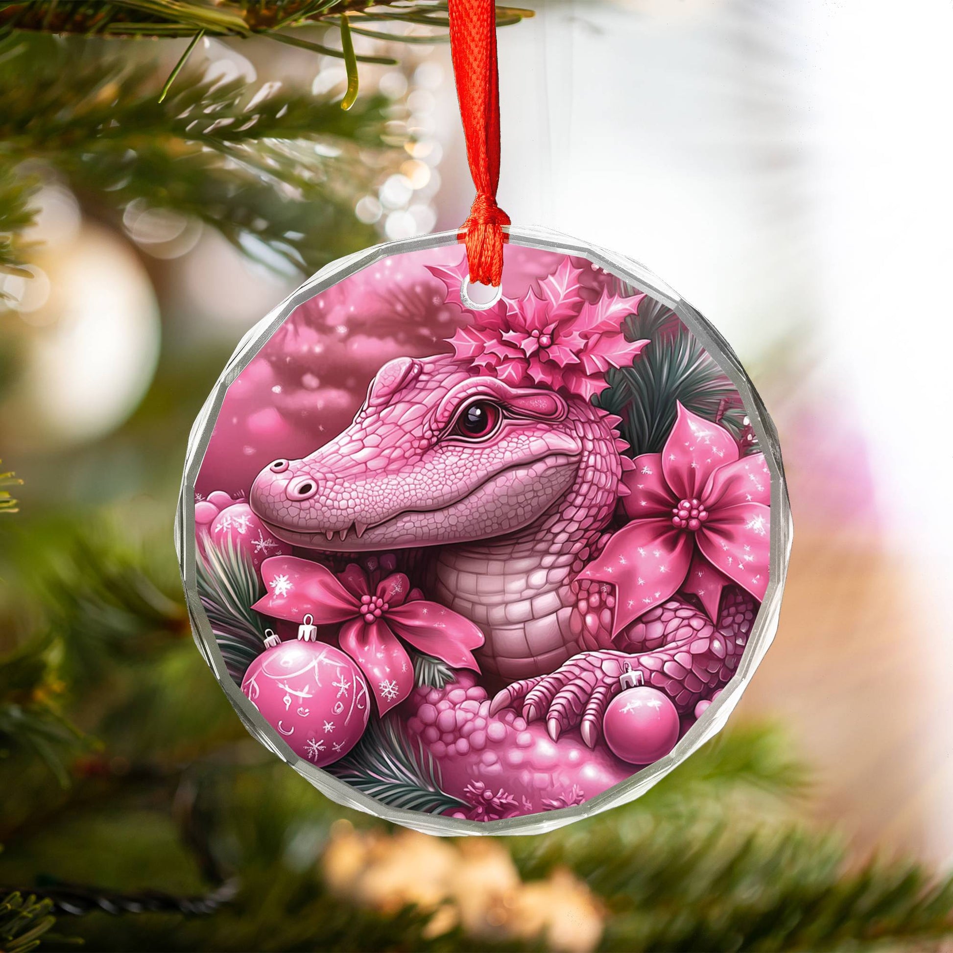 Alligator Pink Christmas Design 2 Glass Ornament