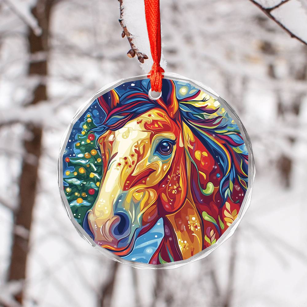 Beautiful Horse Christmas Night Design 2 Glass Ornament