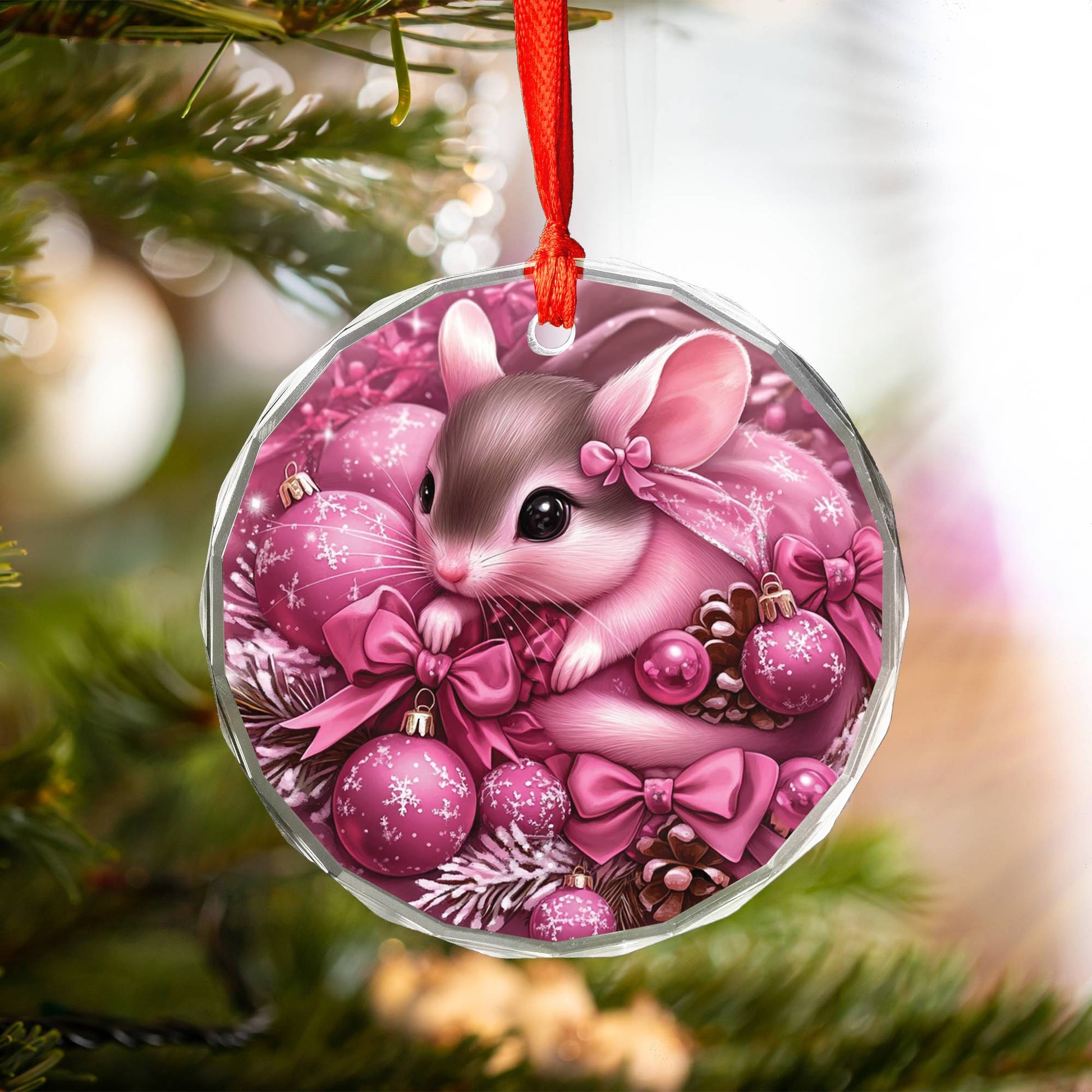 Mice Pink Christmas Design 3 Glass Ornament