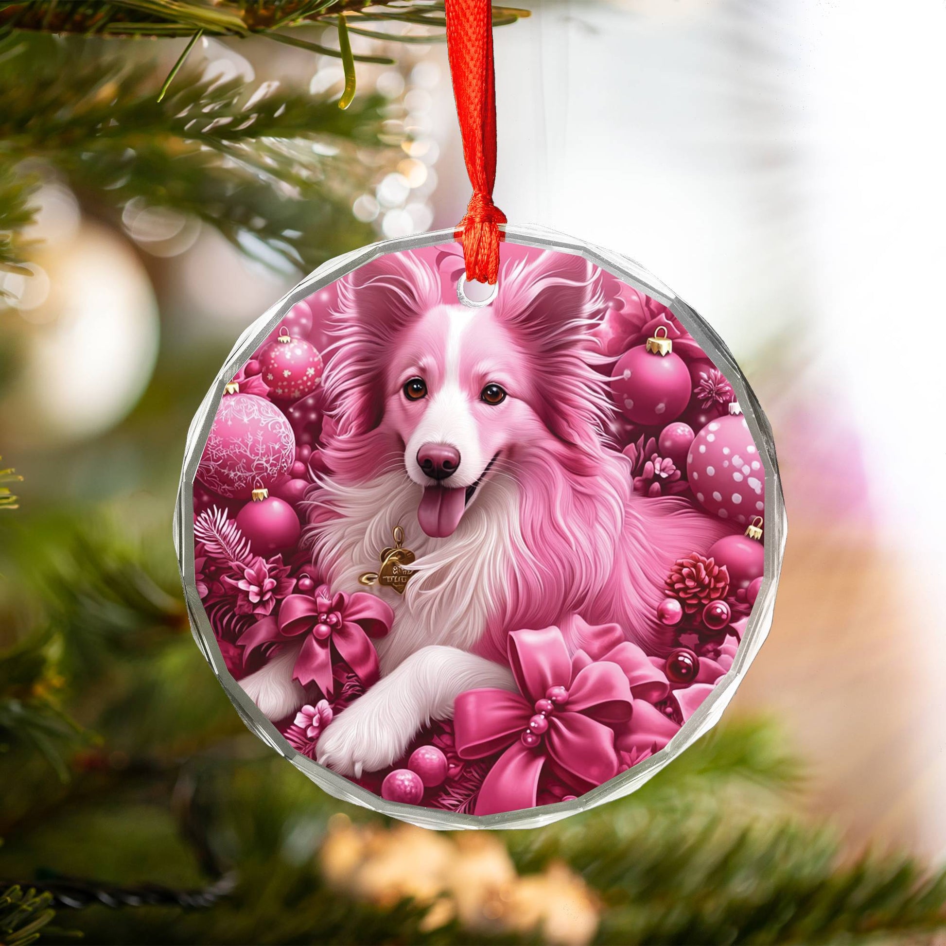 Collie Dog Pink Christmas Design 1 Glass Ornament