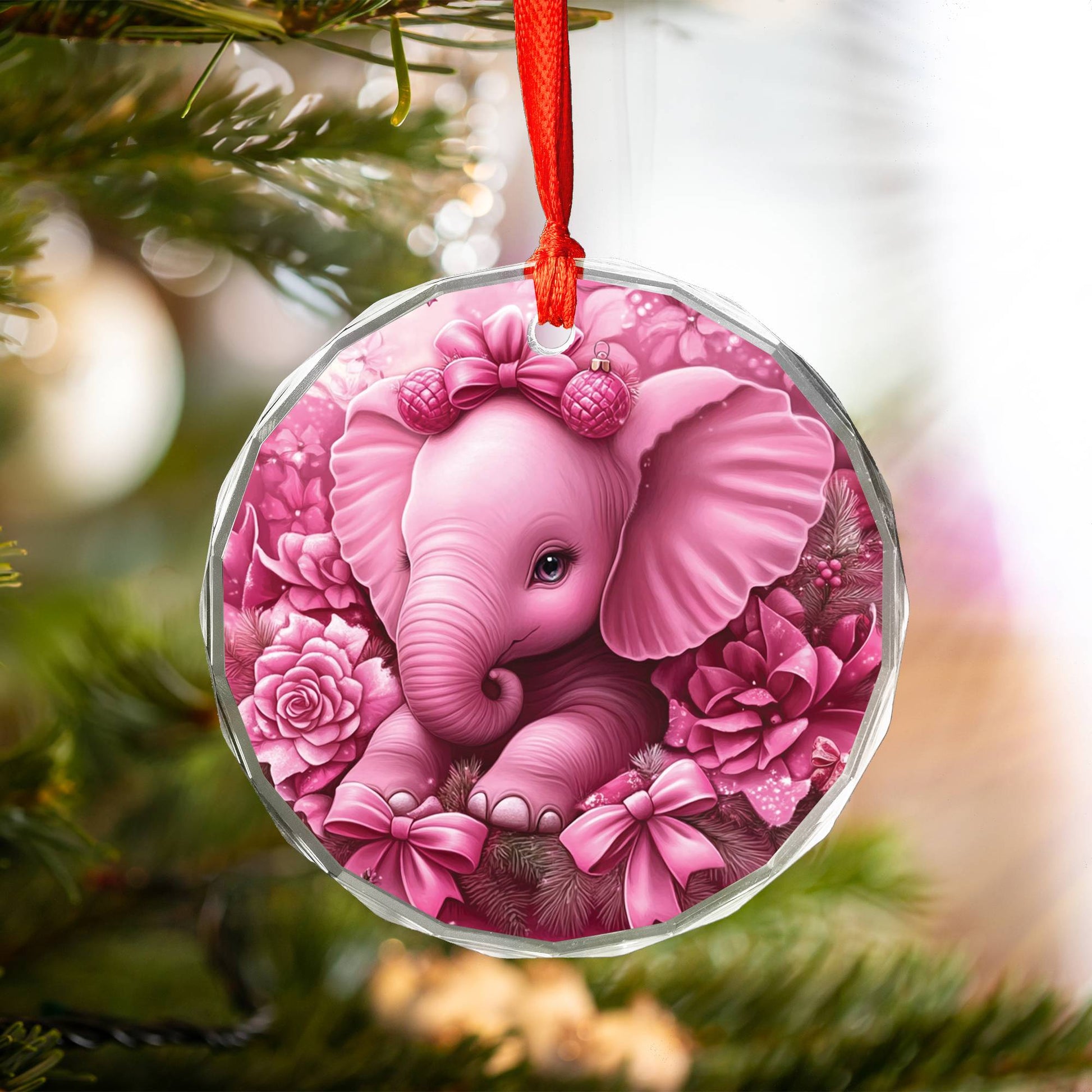 Elephant Pink Christmas Design 3 Glass Ornament