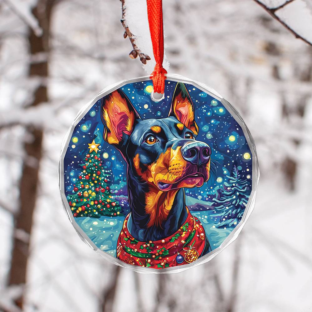 Beautiful Angus Doberman Pinscher Dog Christmas Night Design 1 Glass Ornament