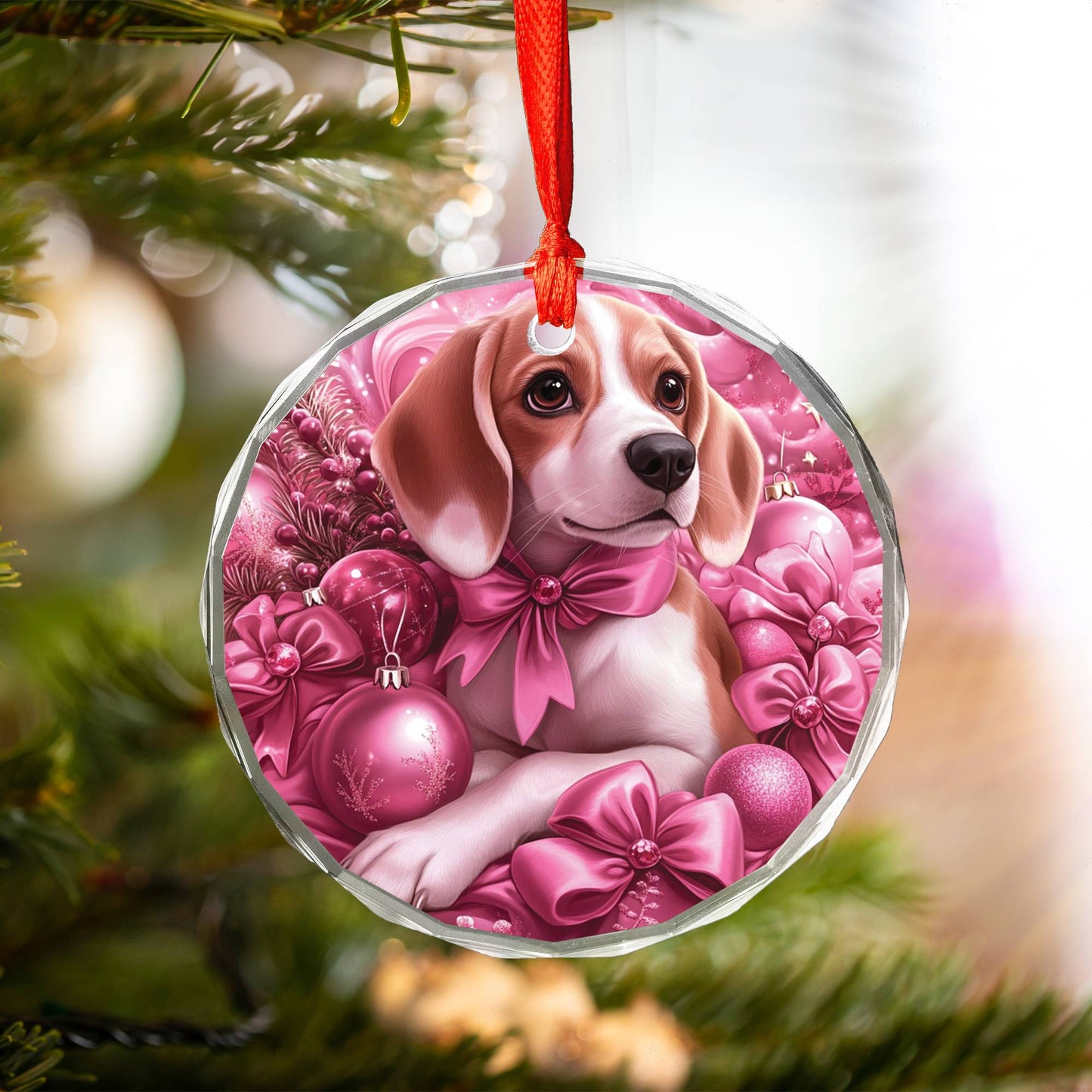 Beagle Dog Pink Christmas Design 1 Glass Ornament