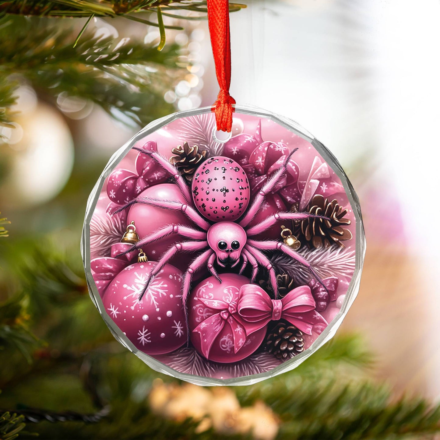 Spider Pink Christmas Design 2 Glass Ornament