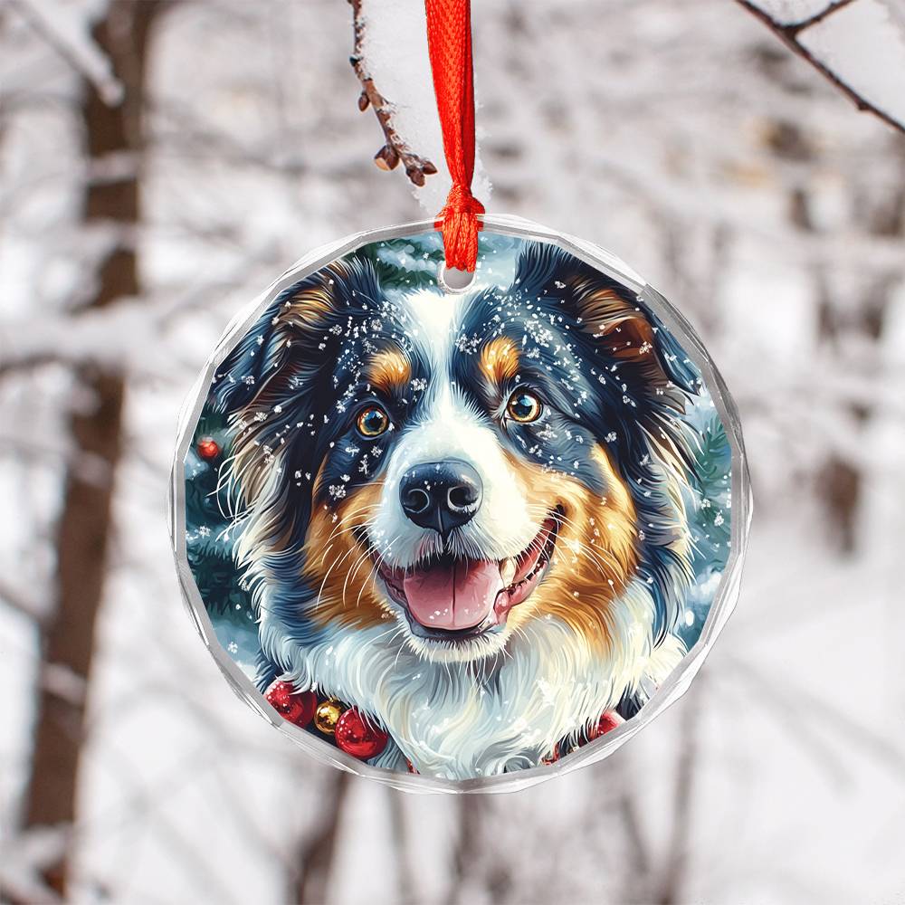 Beautiful Angus Australian Shepherd Dog Christmas Night Design 4 Glass Ornament