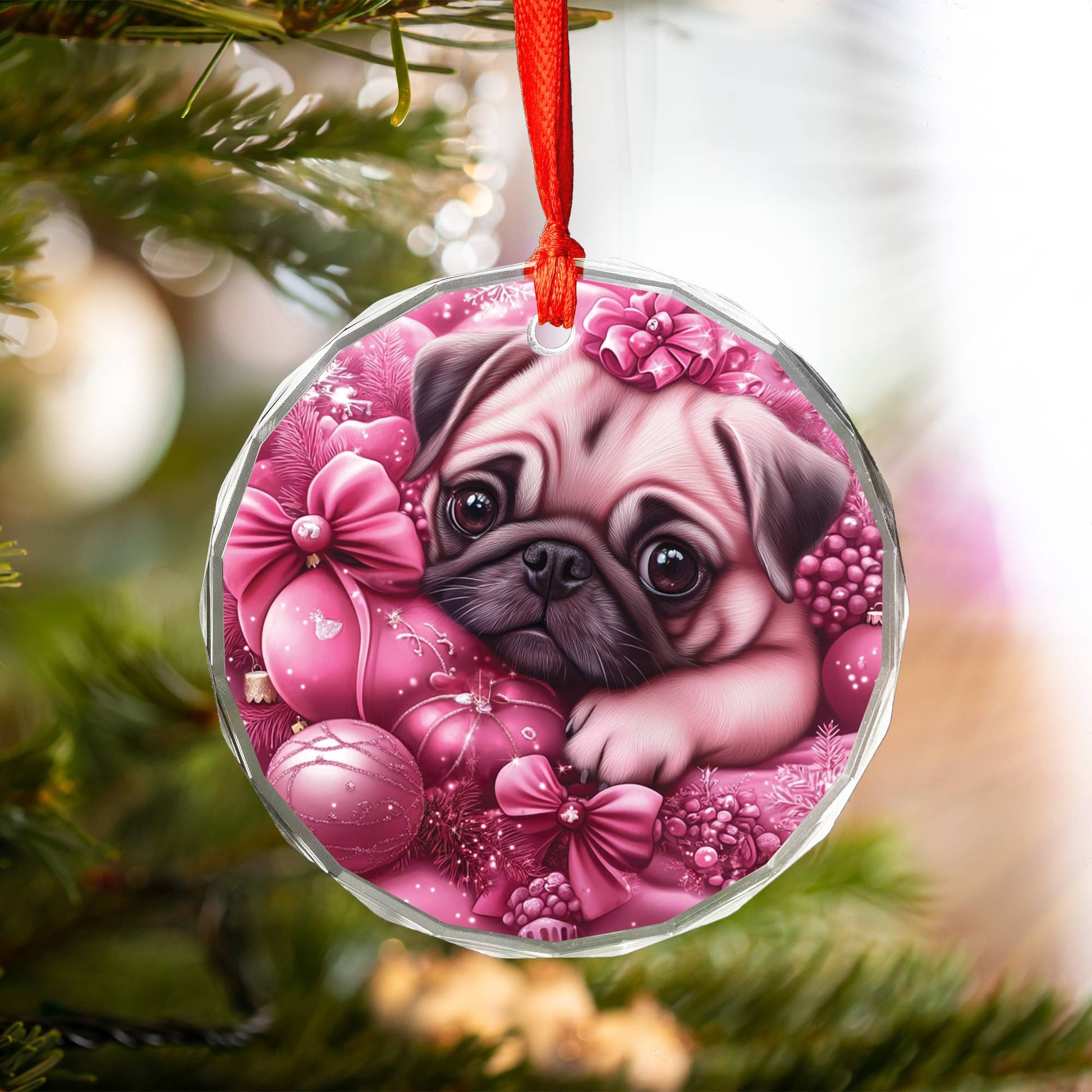 Pug Dog Pink Christmas Design 4 Glass Ornament