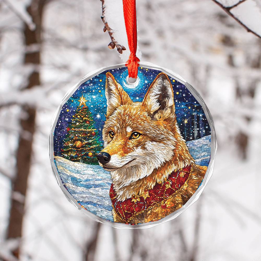 Beautiful Angus Coyote Christmas Night Design 2 Glass Ornament