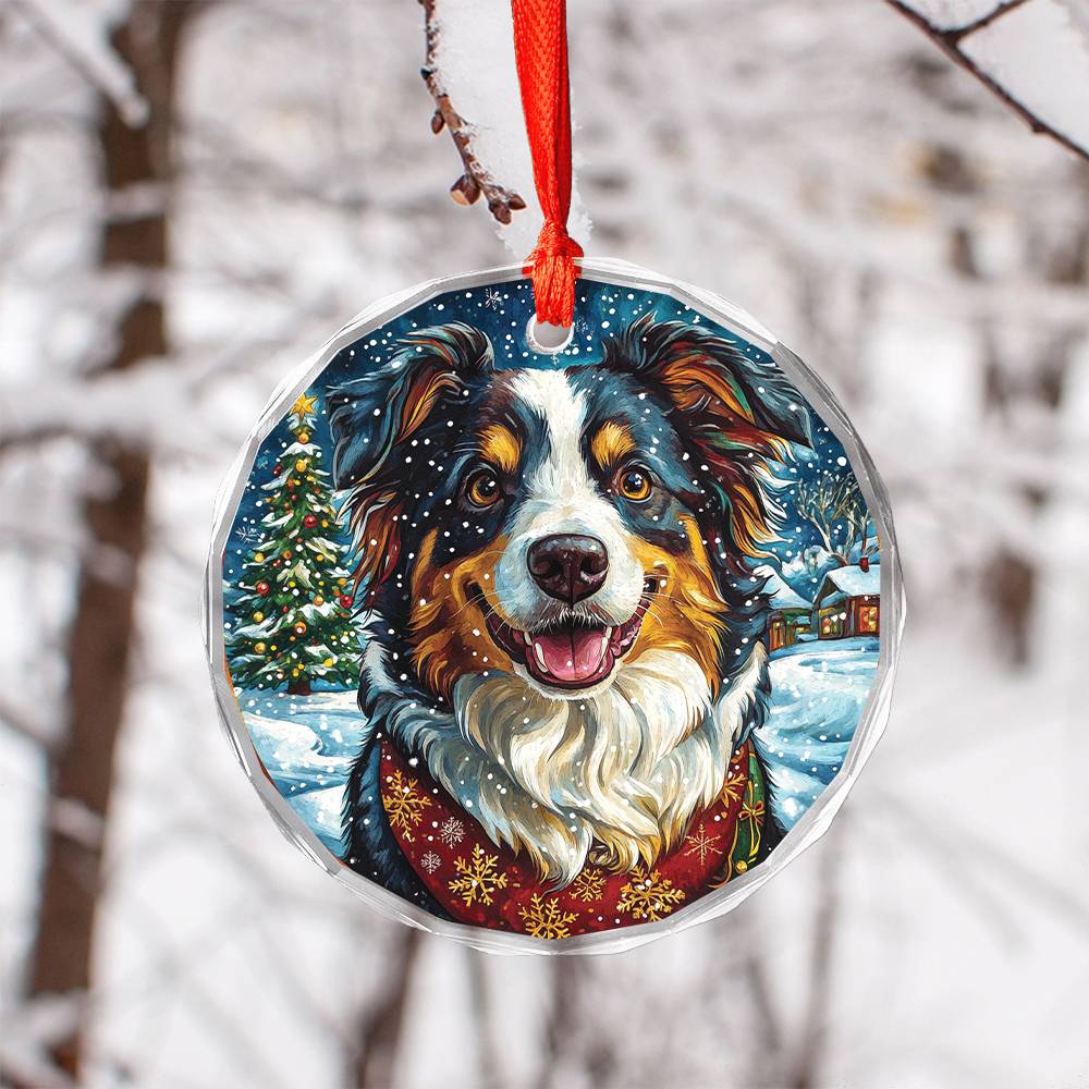 Beautiful Border Collie Dog Christmas Night Design 1 Glass Ornament
