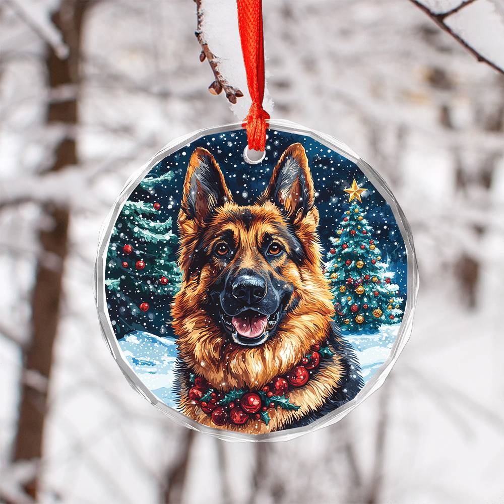 Beautiful Angus German Shepherd Dog Christmas Night Design 4 Glass Ornament