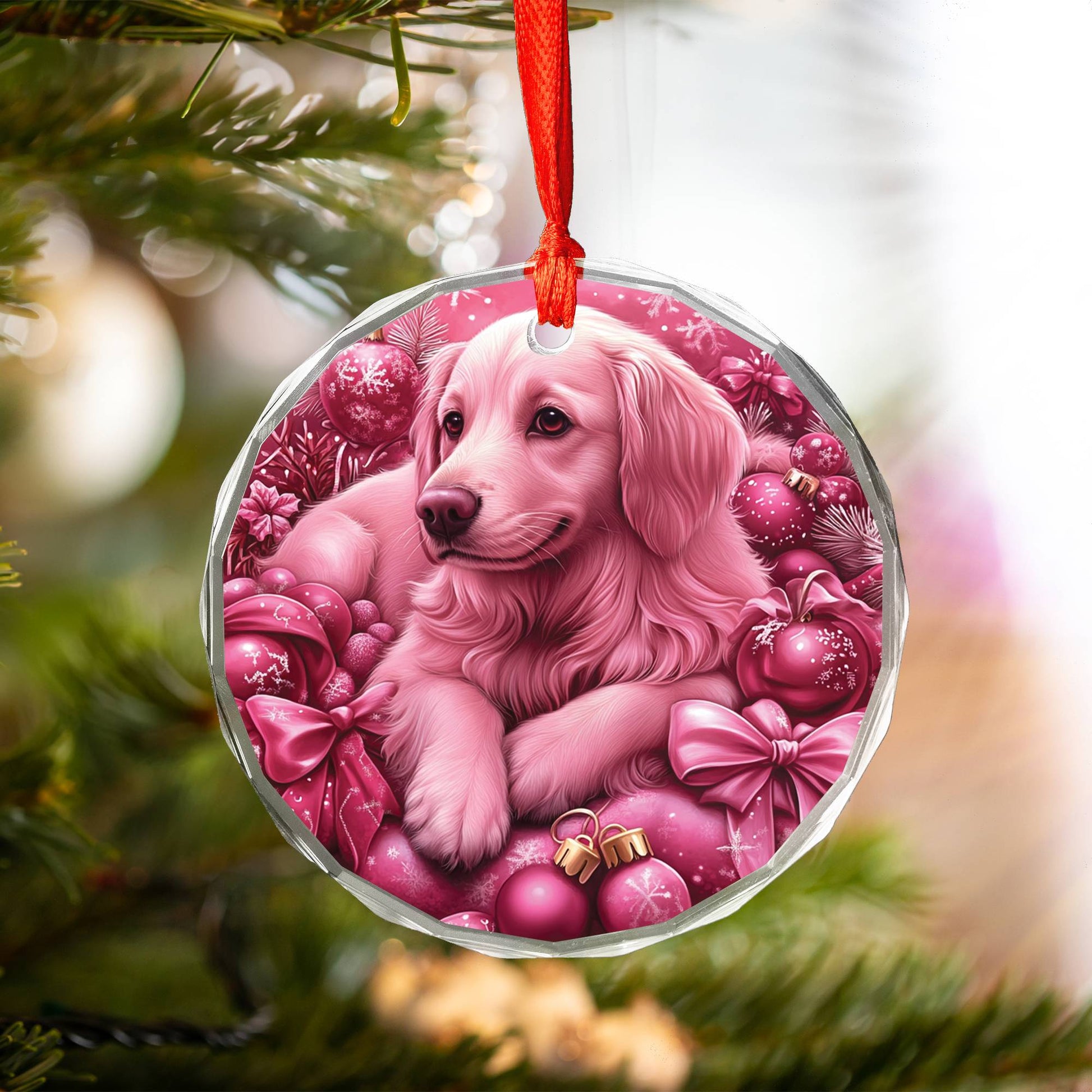 Golden Retriever Dog Pink Christmas Design 1 Glass Ornament