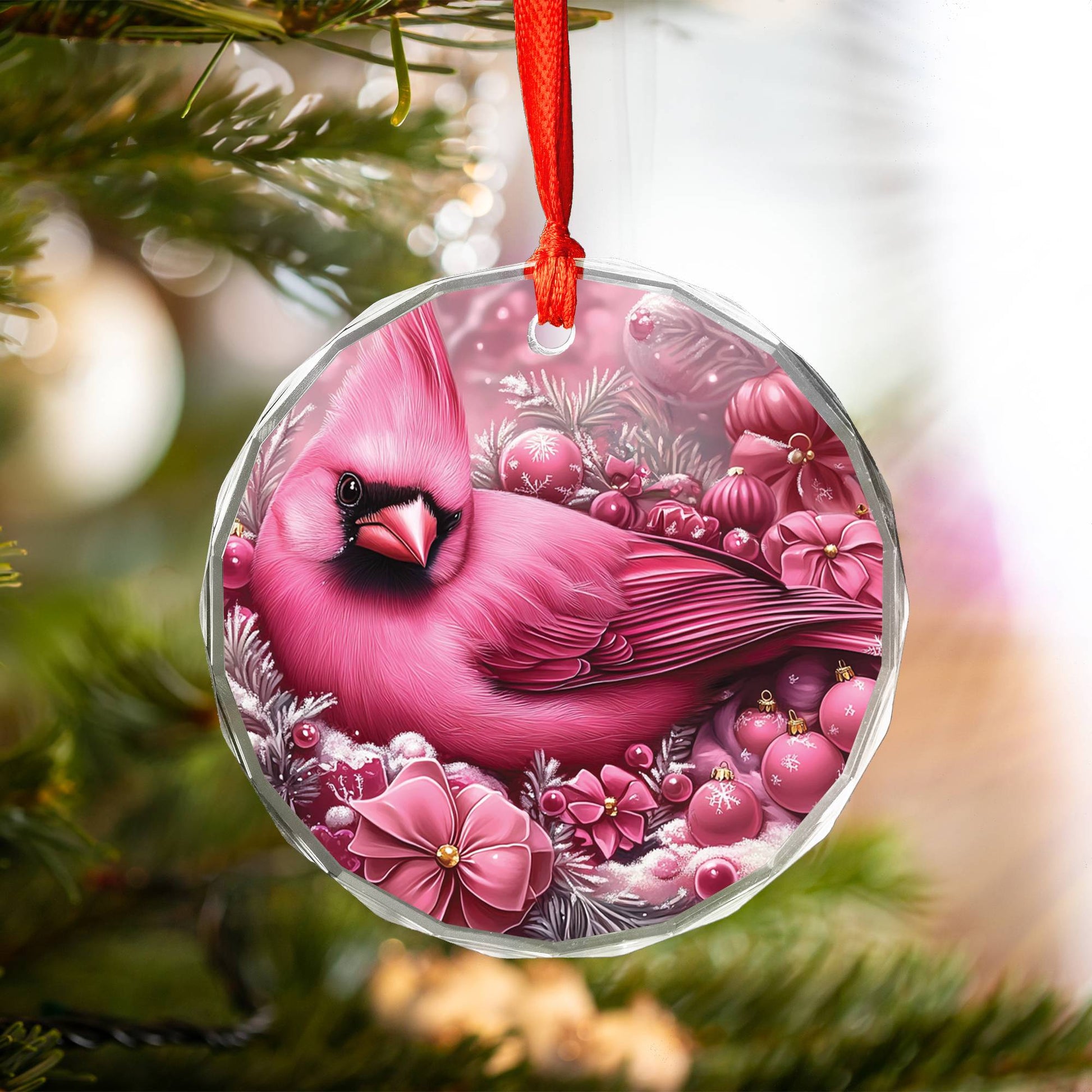 Cardinal Pink Christmas Design 3 Glass Ornament