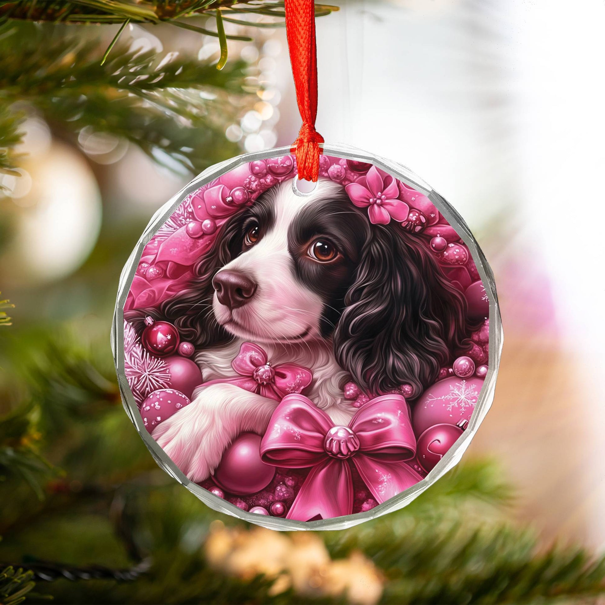 English Springer Spaniel Dog Pink Christmas Design 3 Glass Ornament
