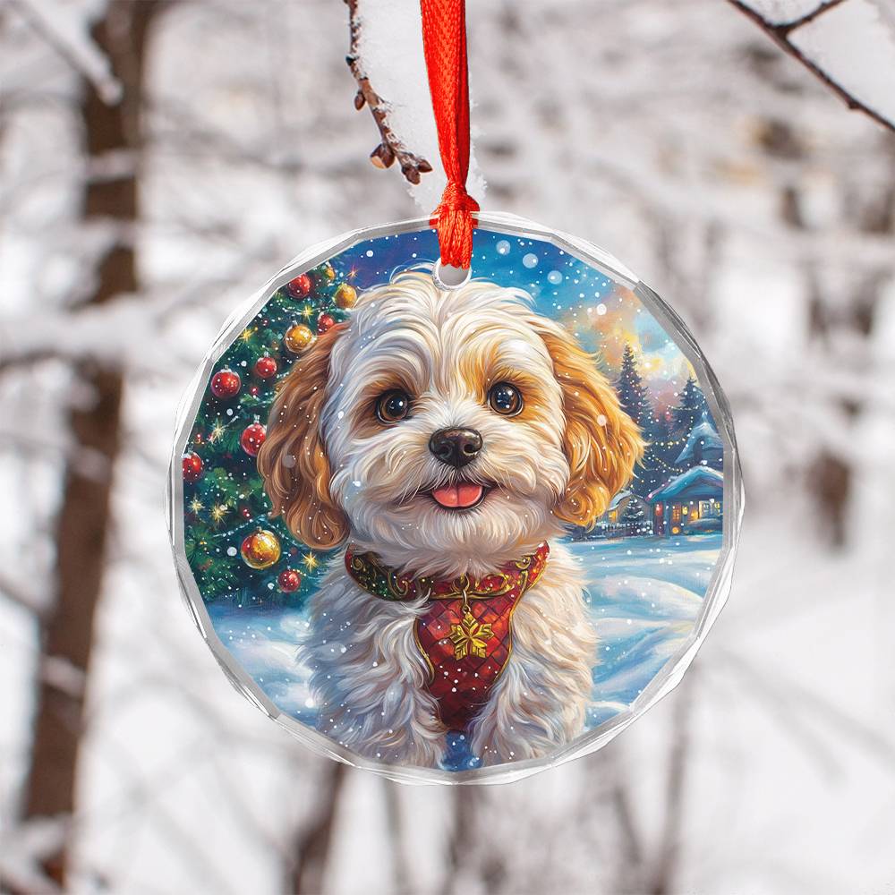 Beautiful Havanese Dog Christmas Night Design 2 Glass Ornament