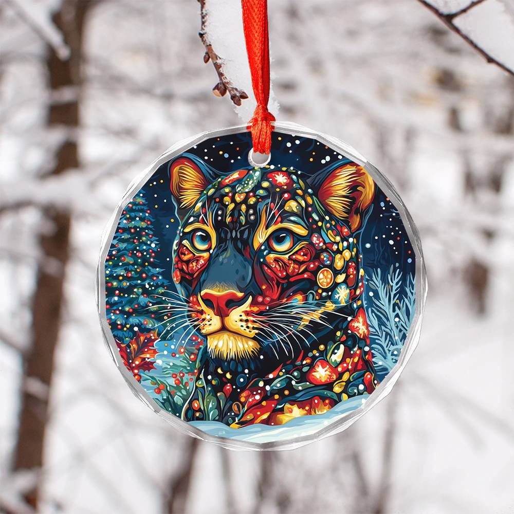 Beautiful Panther Christmas Night Design 1 Glass Ornament