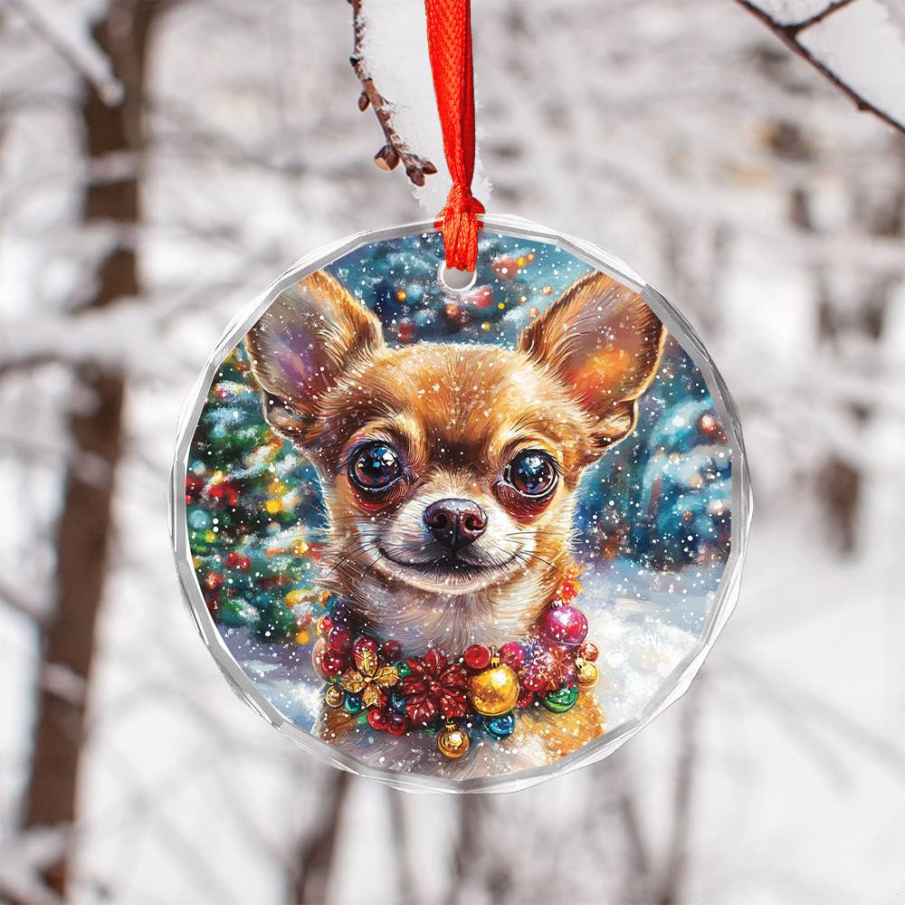 Beautiful Chihuahua Dog Christmas Night Design 2 Glass Ornament
