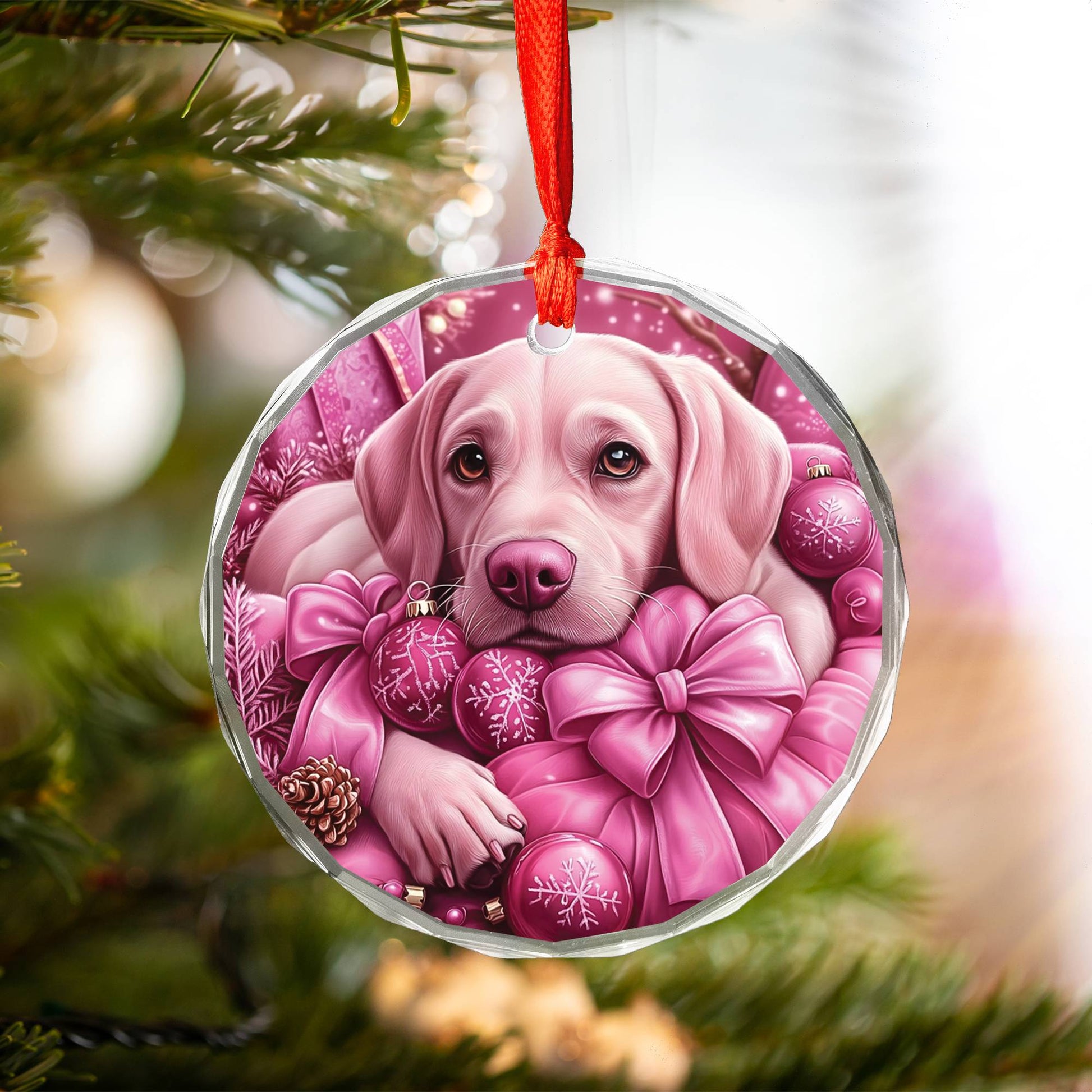 Labrador Retriever Dog Pink Christmas Design 4 Glass Ornament