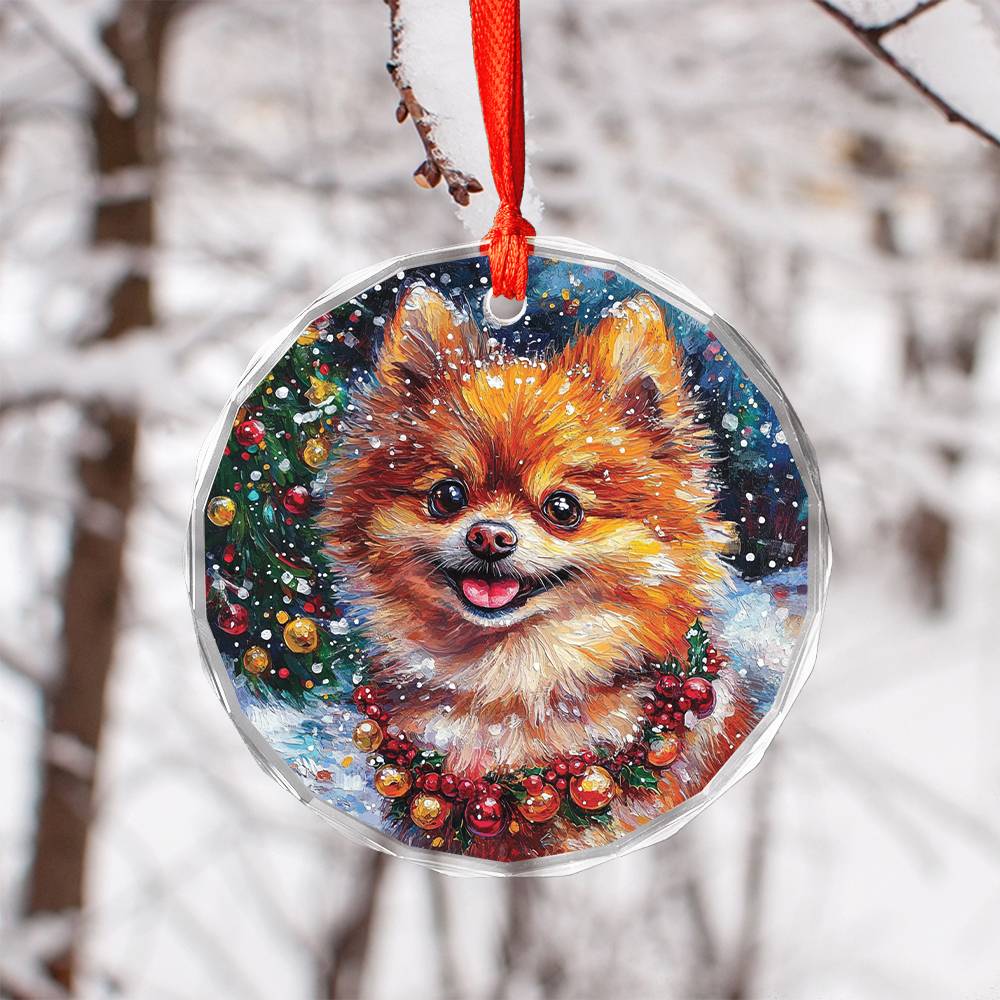 Beautiful Angus Pomeranian Dog Christmas Night Design 1 Glass Ornament