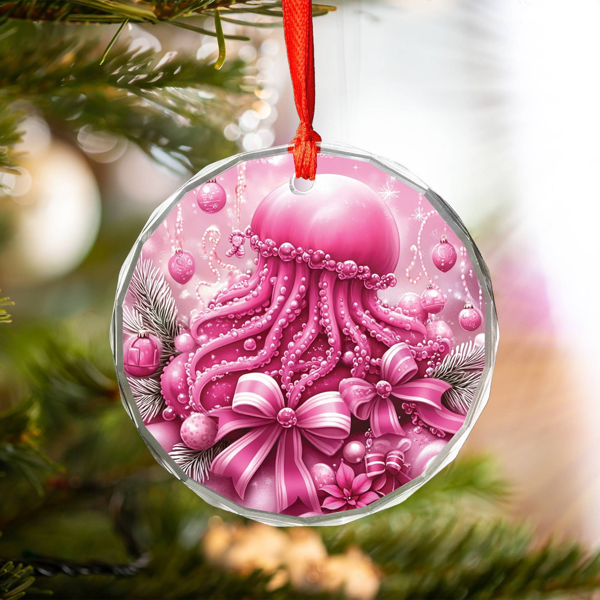 Jellyfish Pink Christmas Design 2 Glass Ornament