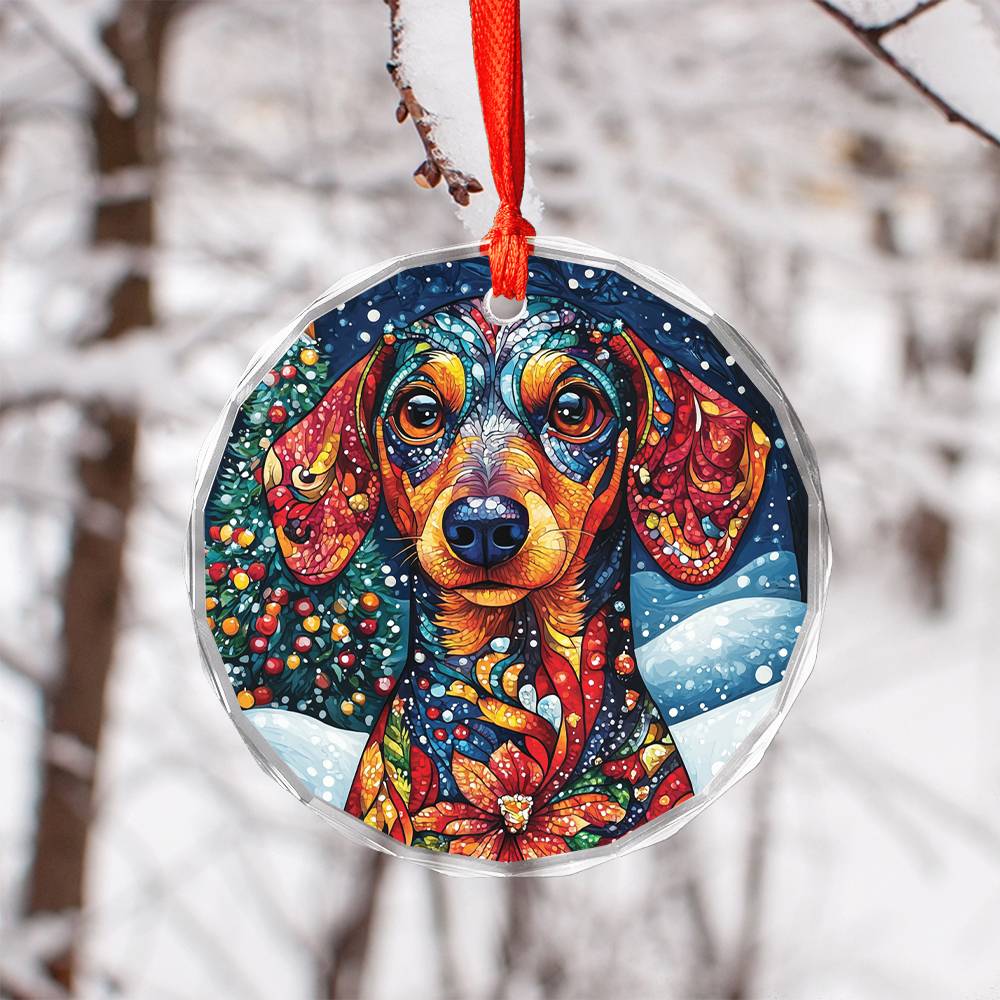 Beautiful Angus Dachshund Dog Christmas Night Design 1 Glass Ornament