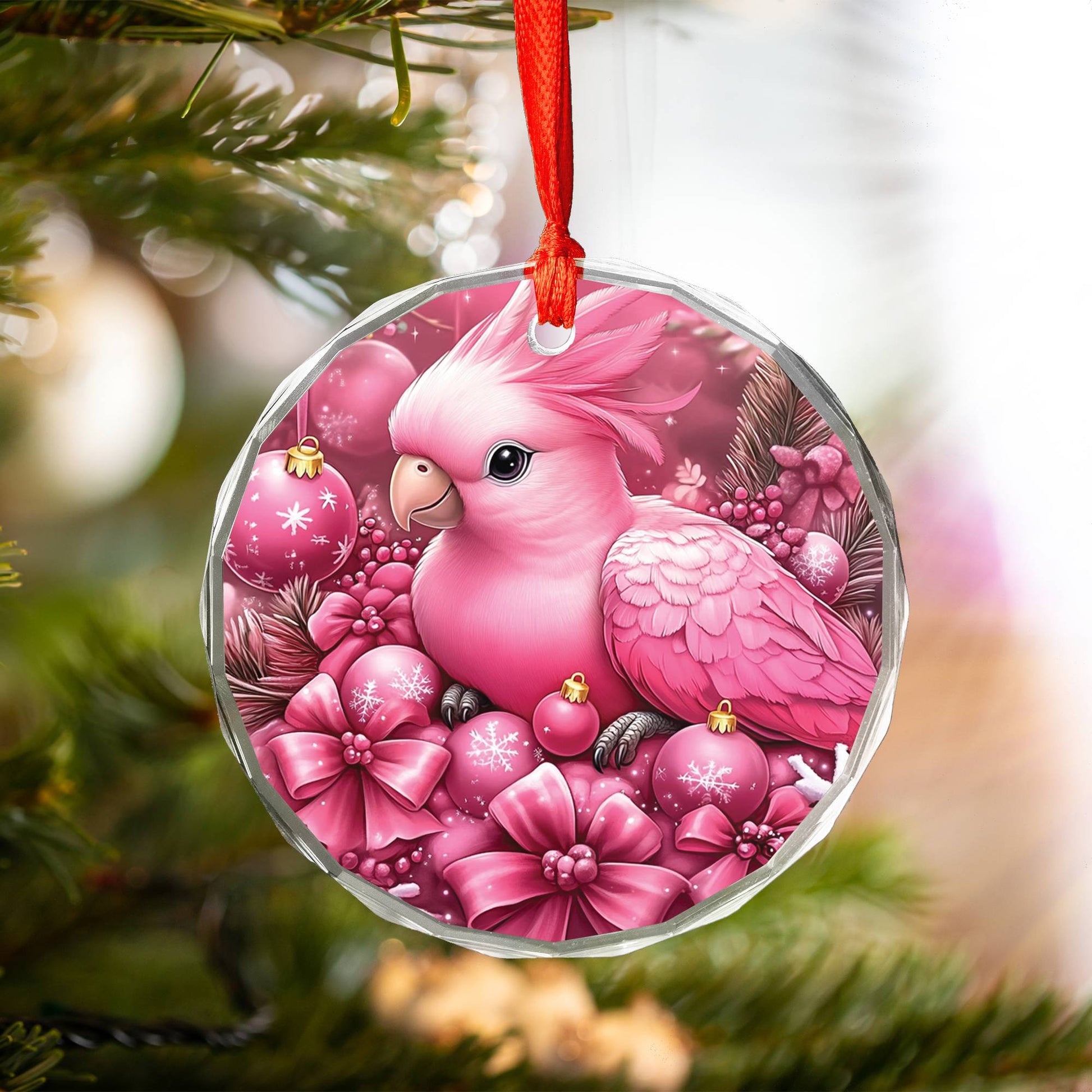 Parrot Pink Christmas Design 4 Glass Ornament
