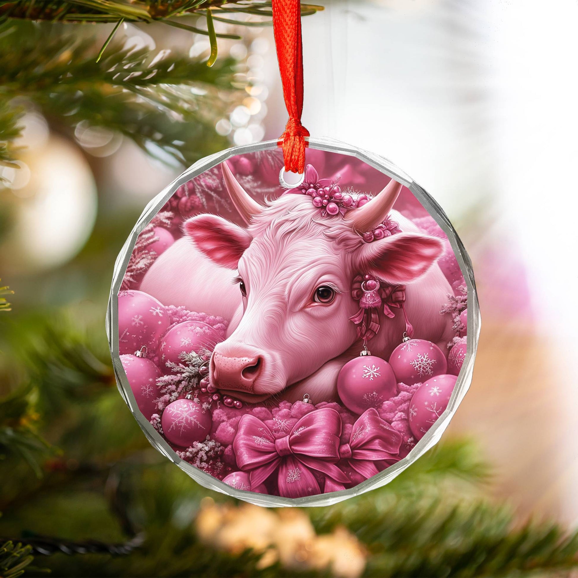 Hereford Cow Pink Christmas Design 1 Glass Ornament