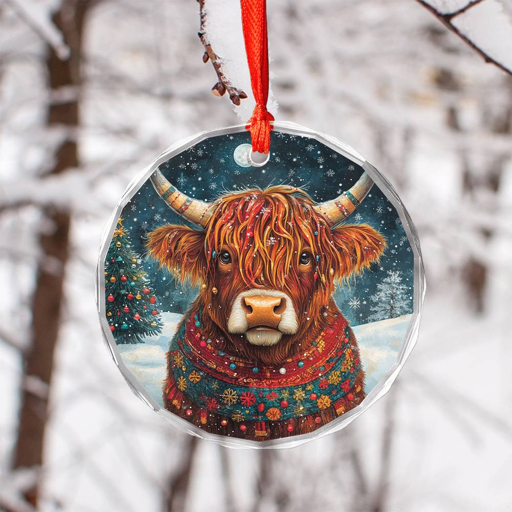 Beautiful Highland Cow Christmas Night Design 3 Glass Ornament