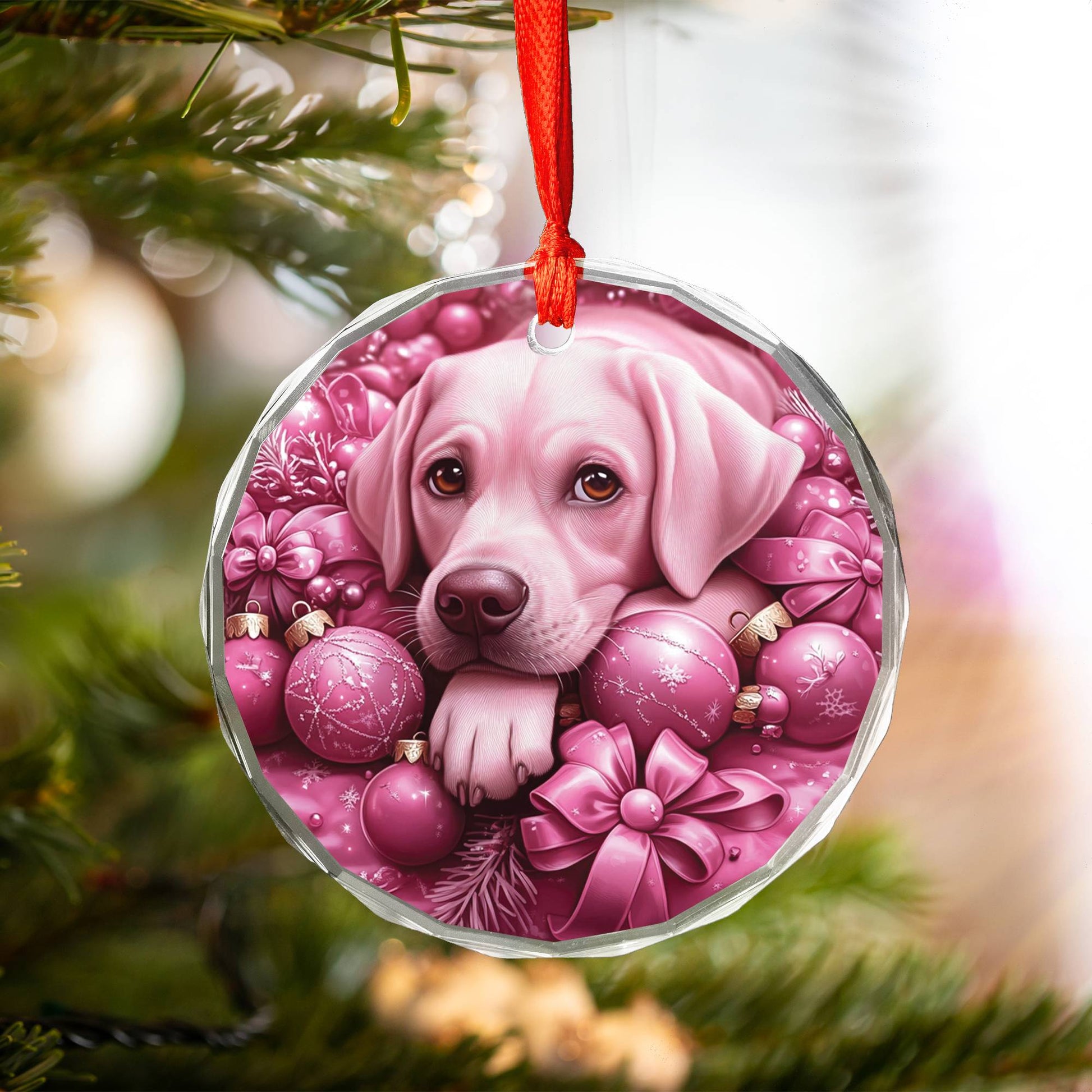 Labrador Retriever Dog Pink Christmas Design 1 Glass Ornament