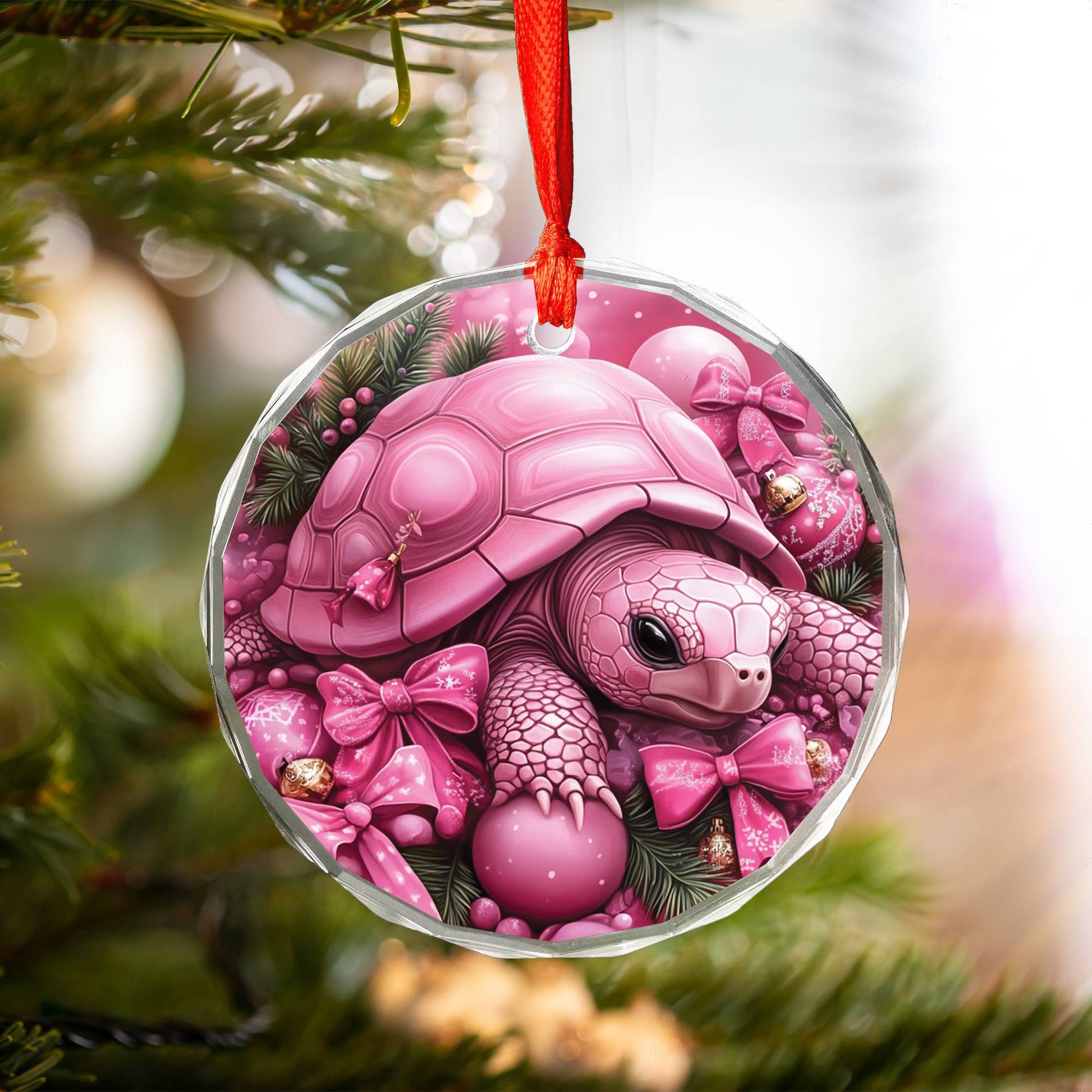 Tortoise Pink Christmas Design 4 Glass Ornament