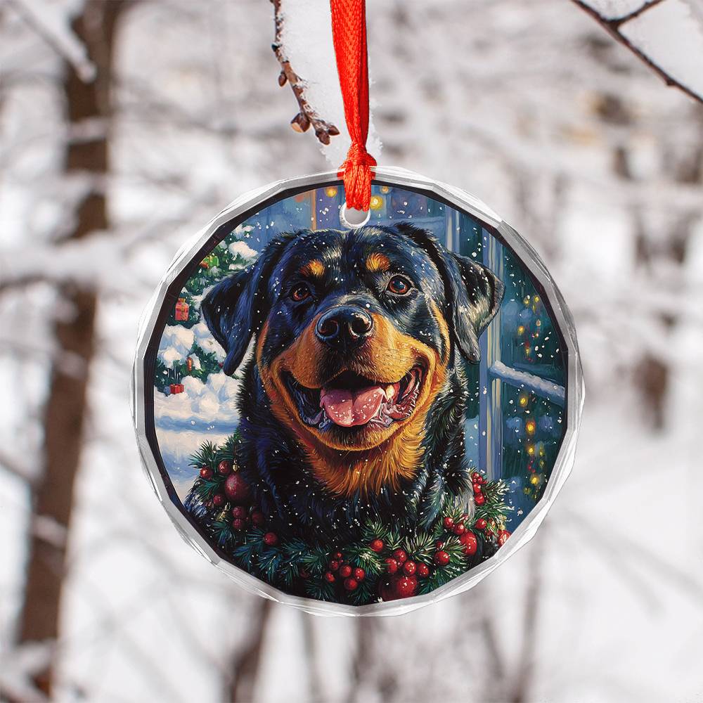 Beautiful Angus Rottweiler Dog Christmas Night Design 1 Glass Ornament