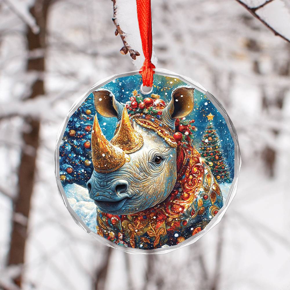 Beautiful Rhino Christmas Night Design 3 Glass Ornament