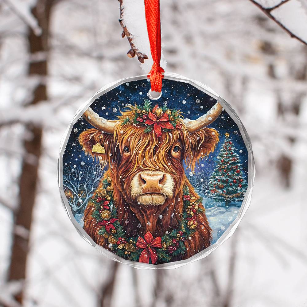 Beautiful Highland Cow Christmas Night Design 1 Glass Ornament