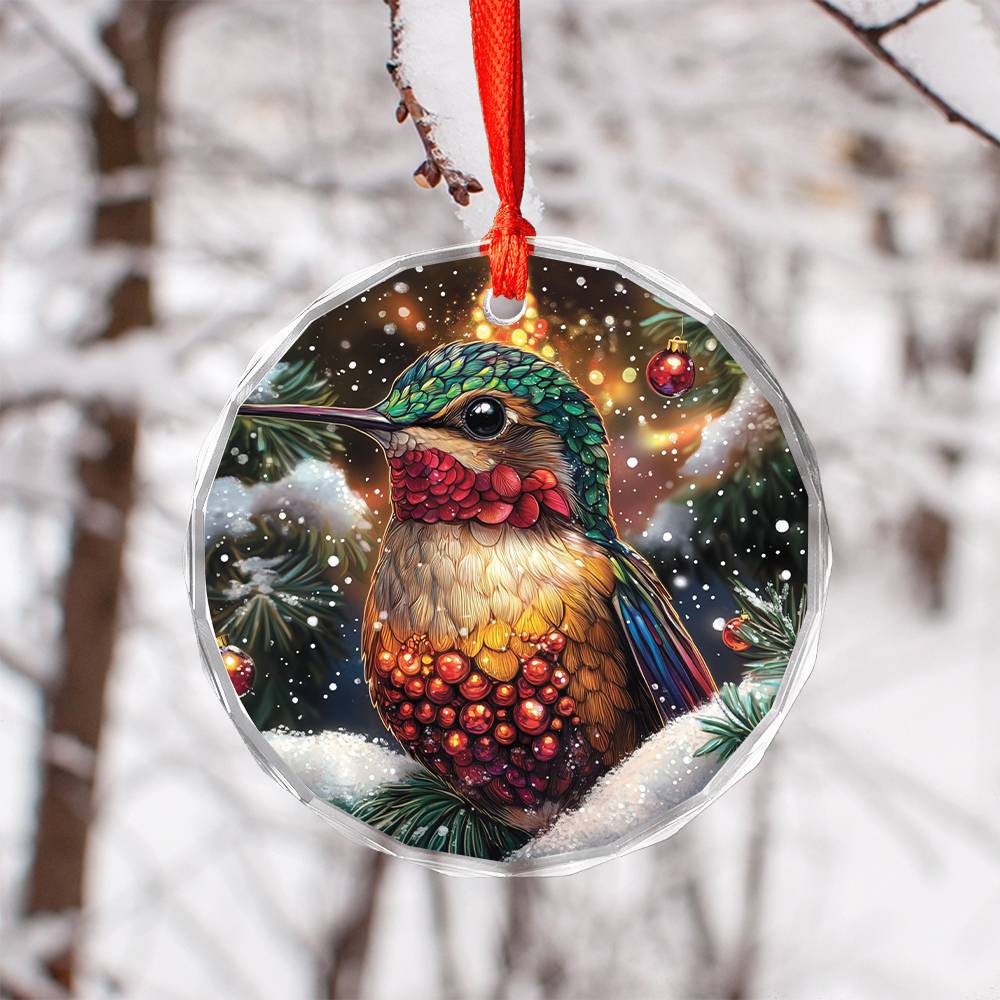 Beautiful Hummingbird Christmas Night Design 1 Glass Ornament