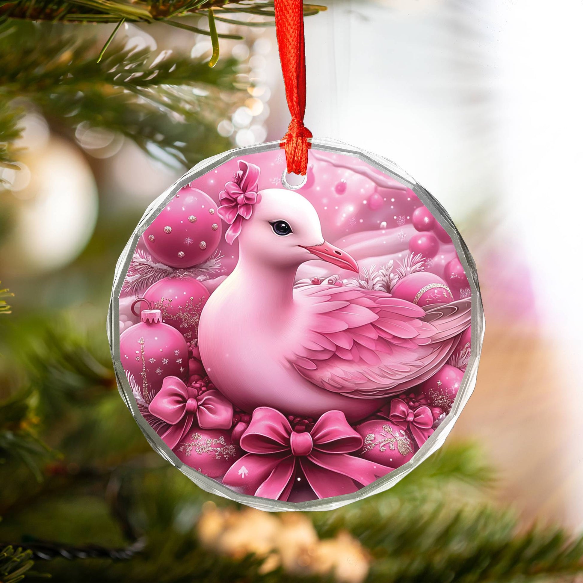 Seagull Pink Christmas Design 1 Glass Ornament