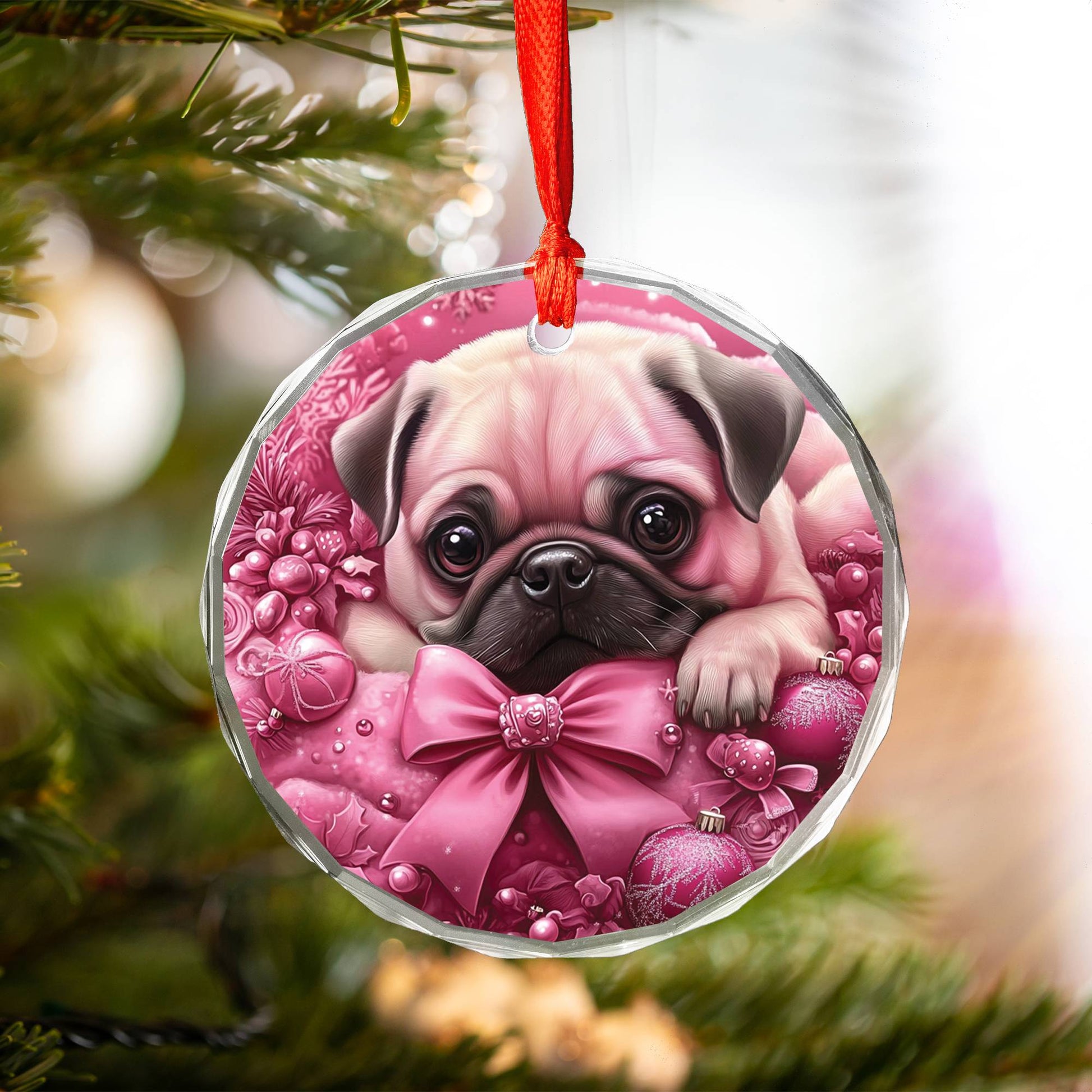Pug Dog Pink Christmas Design 3 Glass Ornament